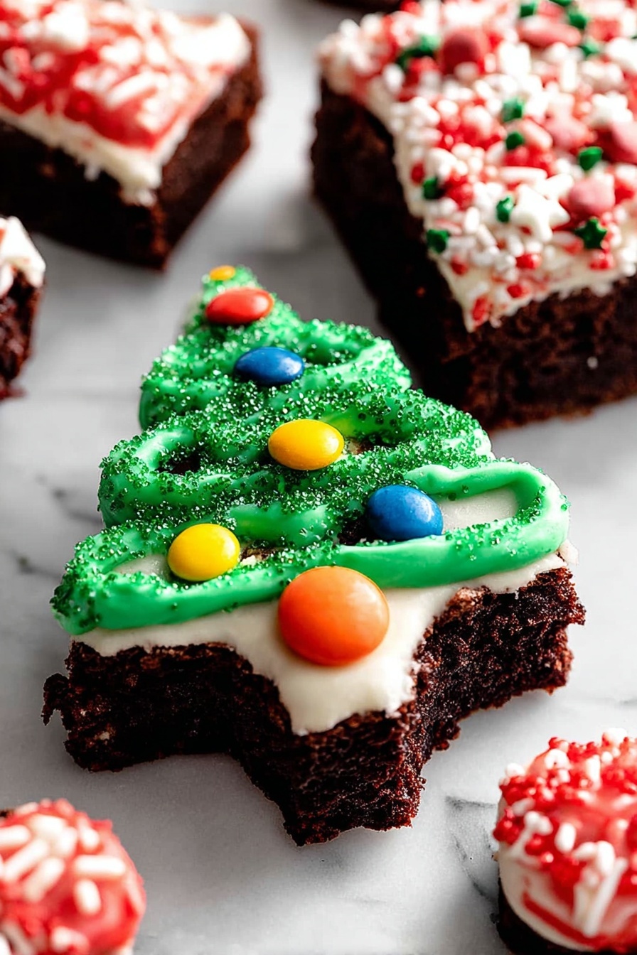 A square brownie with three layers is shown close up. The bottom layer is dark brown and crumbly chocolate cake. The middle layer is smooth, thick white frosting spread evenly. The top layer is a bright red syrup or gel drizzled in a pattern that looks like a spider web covering the white frosting. The background is a white marbled surface with more brownies decorated with white frosting and colorful sprinkles and candy. There is a silver fork with a red and white striped napkin on the corner. Photo taken with an iphone --ar 2:3 --v 7