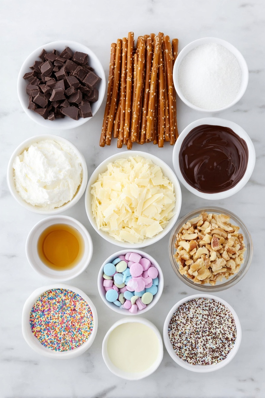 Flat lay of whole pretzel rods arranged neatly, chopped semisweet baking chocolate chunks in a small white bowl, a small white bowl with smooth coconut oil, a small white bowl with glossy corn syrup, chopped vanilla almond bark pieces in a small white bowl, and a small white bowl filled with an assortment of colorful sprinkles, crushed candy canes, toffee bits, mini candies, chopped nuts, crushed Oreo cookie pieces, and shredded coconut, all placed on a clean white marble surface, soft natural light, photo taken with an iPhone, professional food photography style, fresh ingredients, white ceramic bowls, no bottles, no duplicates, no utensils, no packaging --ar 2:3 --v 7 --p m7354615311229779997