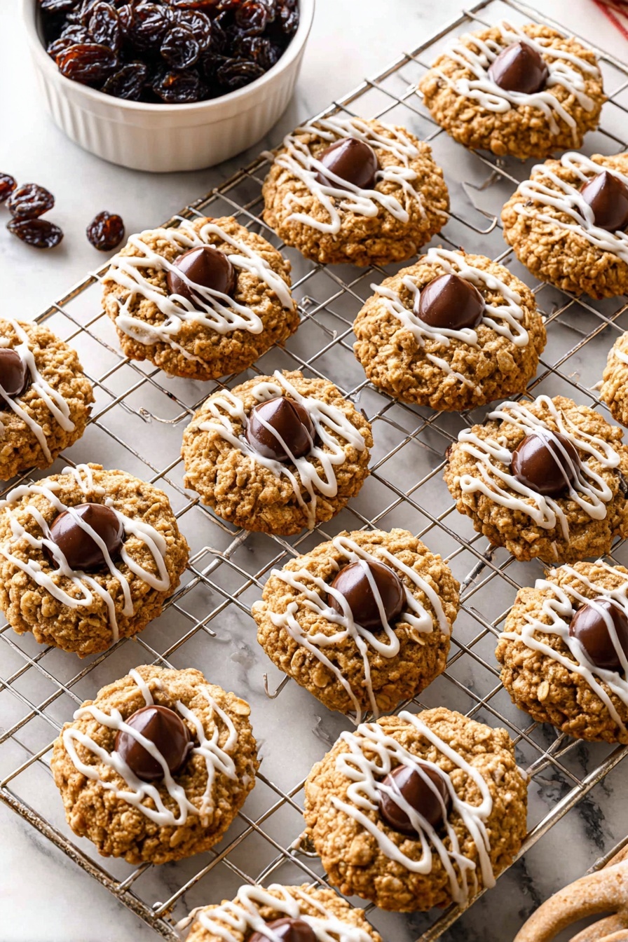 The image shows about sixteen round oatmeal cookies arranged on a silver cooling rack over a white marbled surface. Each cookie is golden-brown with a coarse, crumbly texture and has a dark chocolate kiss placed in the center. The cookies are drizzled unevenly with thin white icing lines forming a loose zigzag pattern across each one. In the top left corner, there is a white bowl filled with dark raisins. The scene is brightly lit, with clear focus on the cookies and soft shadows underneath, giving a fresh, homemade feel. Photo taken with an iphone --ar 2:3 --v 7