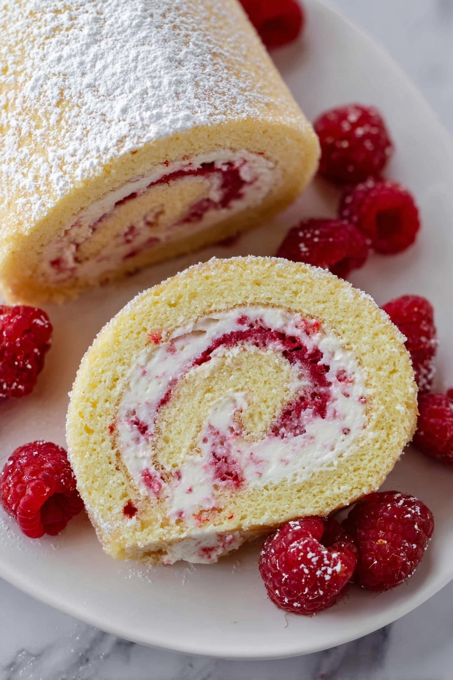 A white plate holds a rolled sponge cake dusted with powdered sugar on top. Inside, there are about three visible layers: a light yellow spongy cake layer rolled around white cream mixed with small pieces of red raspberries. The top of the roll is decorated with fresh red raspberries, and many raspberries are scattered around the plate. The texture of the sponge looks soft and airy, and the cream inside appears smooth with bits of fruit. The background is a white marbled texture. photo taken with an iphone --ar 2:3 --v 7