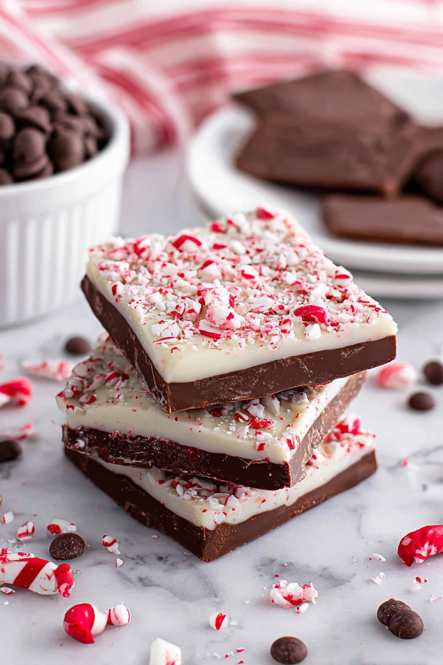 A stack of four rectangular peppermint bark pieces is shown on a white marbled surface. Each piece has two layers: a smooth, shiny dark brown chocolate layer on the bottom and a white chocolate layer on top sprinkled with crushed red and white peppermint candy bits. The white chocolate layer has a rough texture from the candies. To the left and in the background, there is a white bowl filled with round dark brown chocolate pieces. Further back, a white plate holds several other peppermint bark pieces. Small loose peppermint candy pieces and dark brown chocolate drops are scattered around the surface. A red and white striped cloth is blurred in the background. photo taken with an iphone --ar 2:3 --v 7