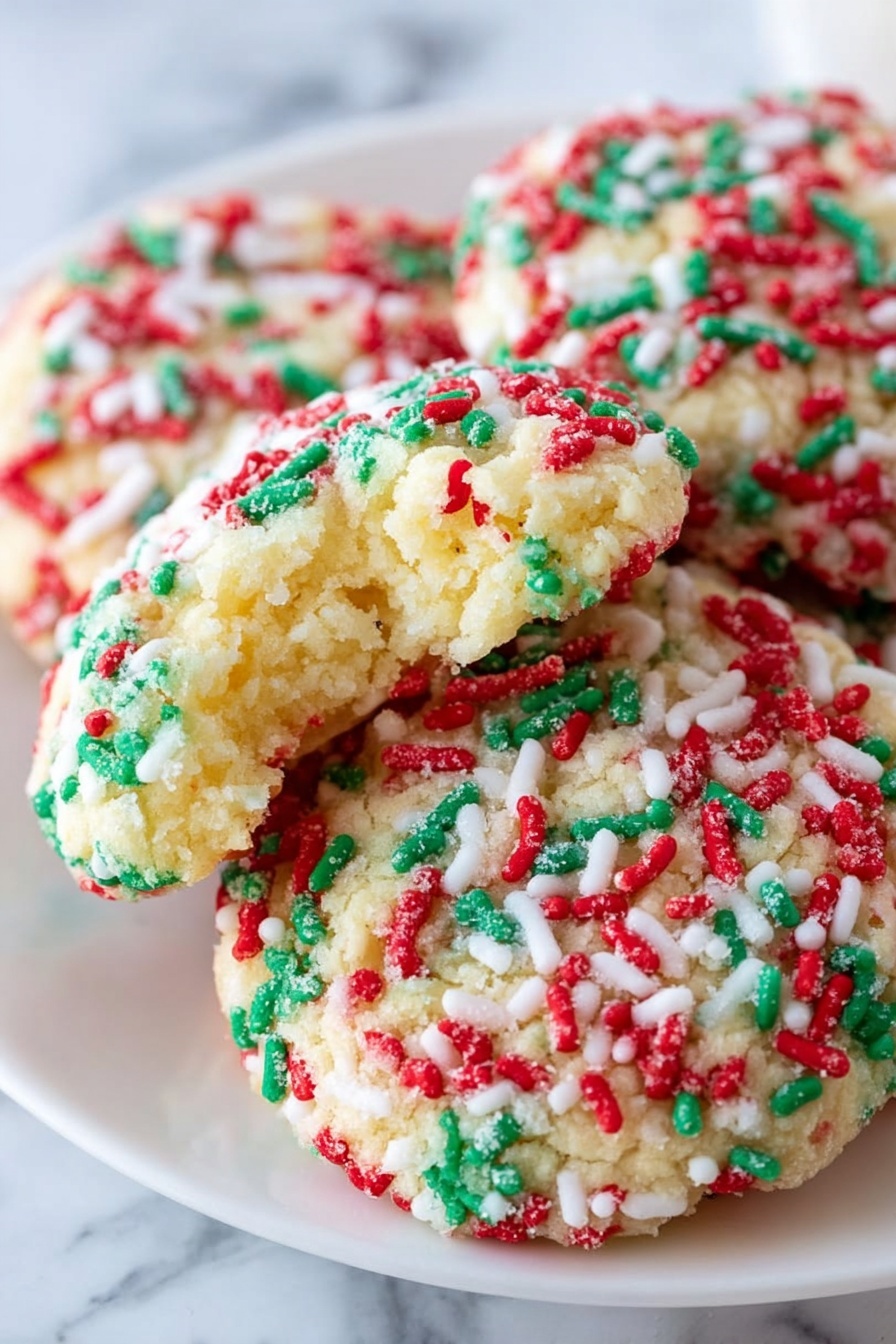 The image shows a stack of four round cookies on a white plate. Each cookie is light yellow with a rough texture and is covered in red, green, and white sprinkles that stick out in small rod shapes, giving the cookies a festive look. One cookie leans against the stack, showing its full round shape and colorful sprinkle topping. In the background, there is another cookie on a metal baking tray, slightly out of focus, resting on a white marbled surface. A white and red striped cloth is partly visible at the bottom right corner. Photo taken with an iphone --ar 2:3 --v 7