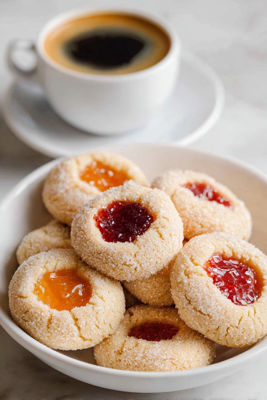 A white bowl filled with round cookies dusted with sugar, each cookie has a soft, light tan dough with a center filled with either bright orange or deep red jam. The cookies have a slightly coarse sugar texture on the outer dough and vibrant, glossy jam pools in the middle. In the background, there is a small white cup filled with dark coffee topped with a light layer of froth, both placed on a white marbled surface. photo taken with an iphone --ar 2:3 --v 7