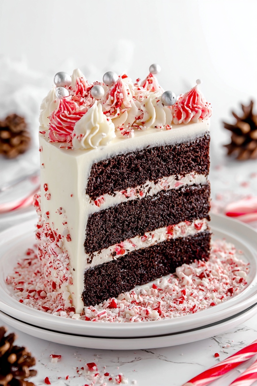 The image shows a three-layer chocolate cake on a white plate with a white marbled background. Each cake layer is dark brown and looks soft, separated by thin layers of white cream with small red and white candy pieces mixed in. The whole cake is covered in smooth white cream icing, with red and white piped swirls of cream on top. The top is also decorated with small white and silver edible balls and red sprinkles. Crushed candy bits are sprinkled around the base of the cake. Candy canes and pine cones are placed around the plate. Photo taken with an iphone --ar 2:3 --v 7
