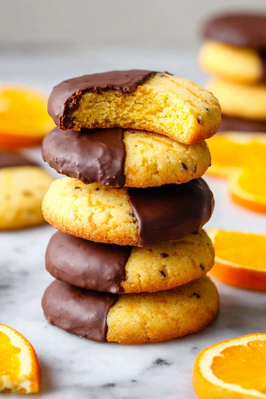 A stack of five round cookies sits in the center on a white marbled surface. Each cookie is half dipped in smooth dark chocolate, covering one side, while the other half shows a golden yellow baked surface with a slightly crumbly texture. The top cookie has a bite taken out, showing a soft, moist inside with little orange specks. Around the stack, there are more cookies and slices of bright orange, adding pops of color in the background. The image is bright and focused on the stack, with the background gently blurred. Photo taken with an iphone --ar 2:3 --v 7