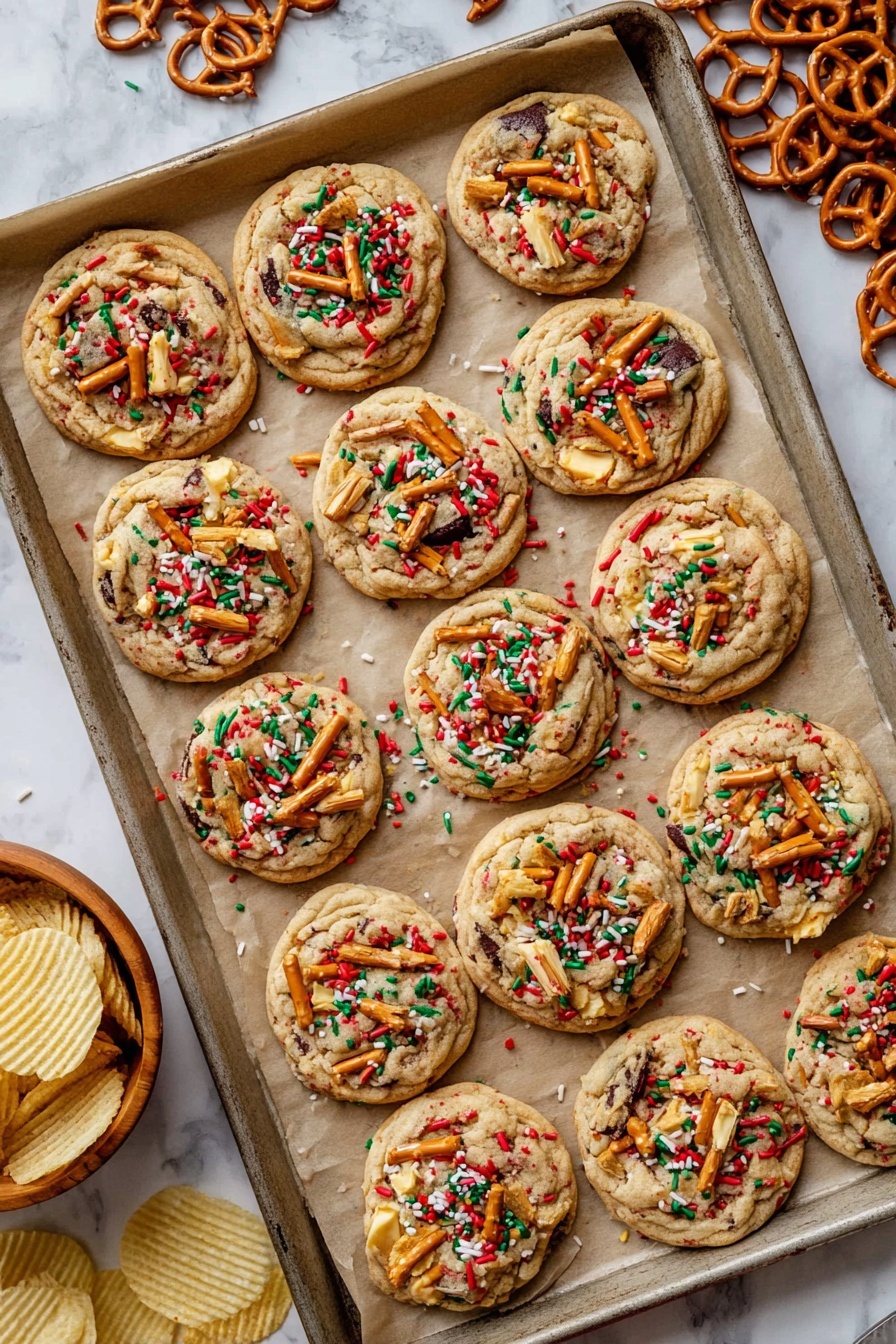 The image shows a baking tray lined with parchment paper holding 12 round cookies. Each cookie has a light golden brown base with colorful red, green, and white sprinkles embedded. On top of the cookies, there are broken small potato chip pieces and curved pretzel stick pieces scattered unevenly. The cookies have a slightly cracked texture with visible darker chocolate chips spread inside. Around the tray, there are extra pretzels and potato chips scattered on a white marbled surface. In the bottom left corner, there is a small wooden bowl filled with ridged potato chips. photo taken with an iphone --ar 2:3 --v 7