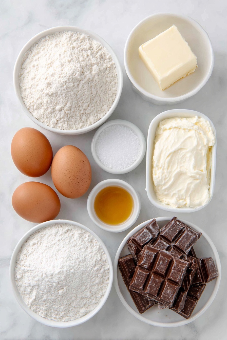 Flat lay of a small mound of pale all-purpose flour, a tiny heap of white baking powder, a pinch of fine salt crystals, a half block of smooth unsalted butter, a small white ceramic bowl filled with granulated sugar, three whole large brown eggs with clean shells, a small white bowl with golden vanilla extract, a white ceramic bowl holding creamy whole milk, a small white bowl with yellow cornstarch powder, two uncracked large whole eggs, a small white bowl holding heavy cream, rustic chunks of semi-sweet chopped chocolate, a small white bowl with glossy light amber corn syrup placed on a clean white marble surface, soft natural light, photo taken with an iPhone, professional food photography style, fresh ingredients, white ceramic bowls, no bottles, no duplicates, no utensils, no packaging --ar 2:3 --v 7 --p m7354615311229779997