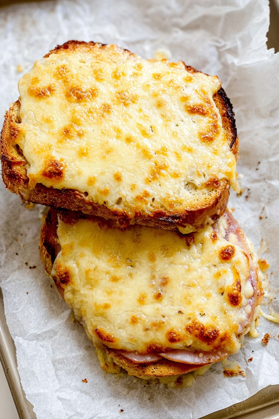 Two baked slices stacked with layers of light golden melted cheese on top, the cheese is bubbly and slightly browned at edges with a creamy texture spread unevenly. Beneath the cheese, there are visible layers of browned slices and a round, slightly charred base, all placed on crinkled white baking paper on a baking tray. The surface underneath has a white marbled texture. Photo taken with an iphone --ar 2:3 --v 7
