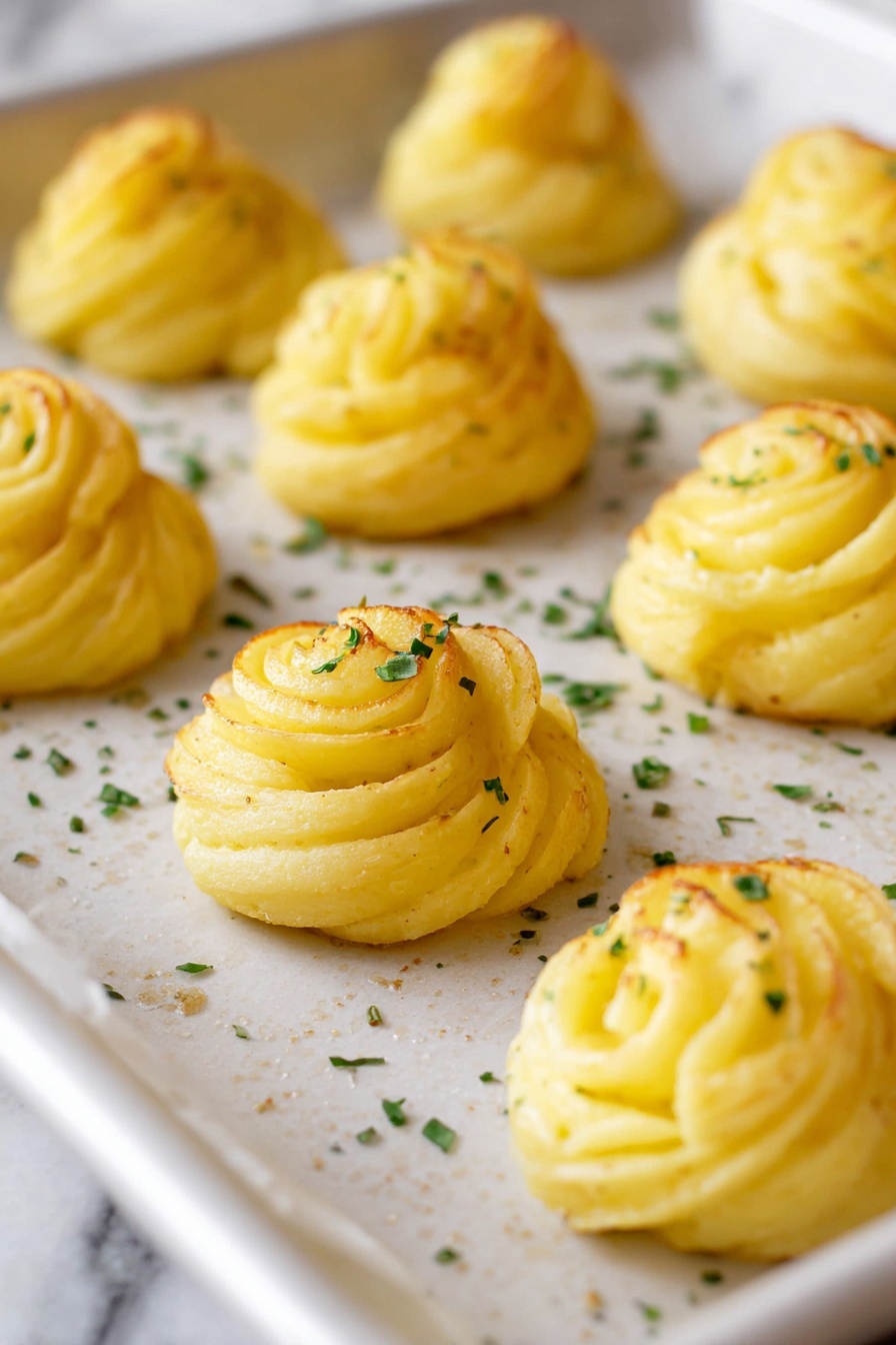 The image shows a white baking sheet with several small, round mounds of mashed potatoes, each shaped into a tall swirl with a slightly crisp, golden-brown top. The mashed potato mounds have a soft and smooth texture with a light yellow color. They are sprinkled with small green herb bits scattered across the sheet, adding a contrast of color. The baking sheet is placed on a white marbled surface. photo taken with an iphone --ar 2:3 --v 7