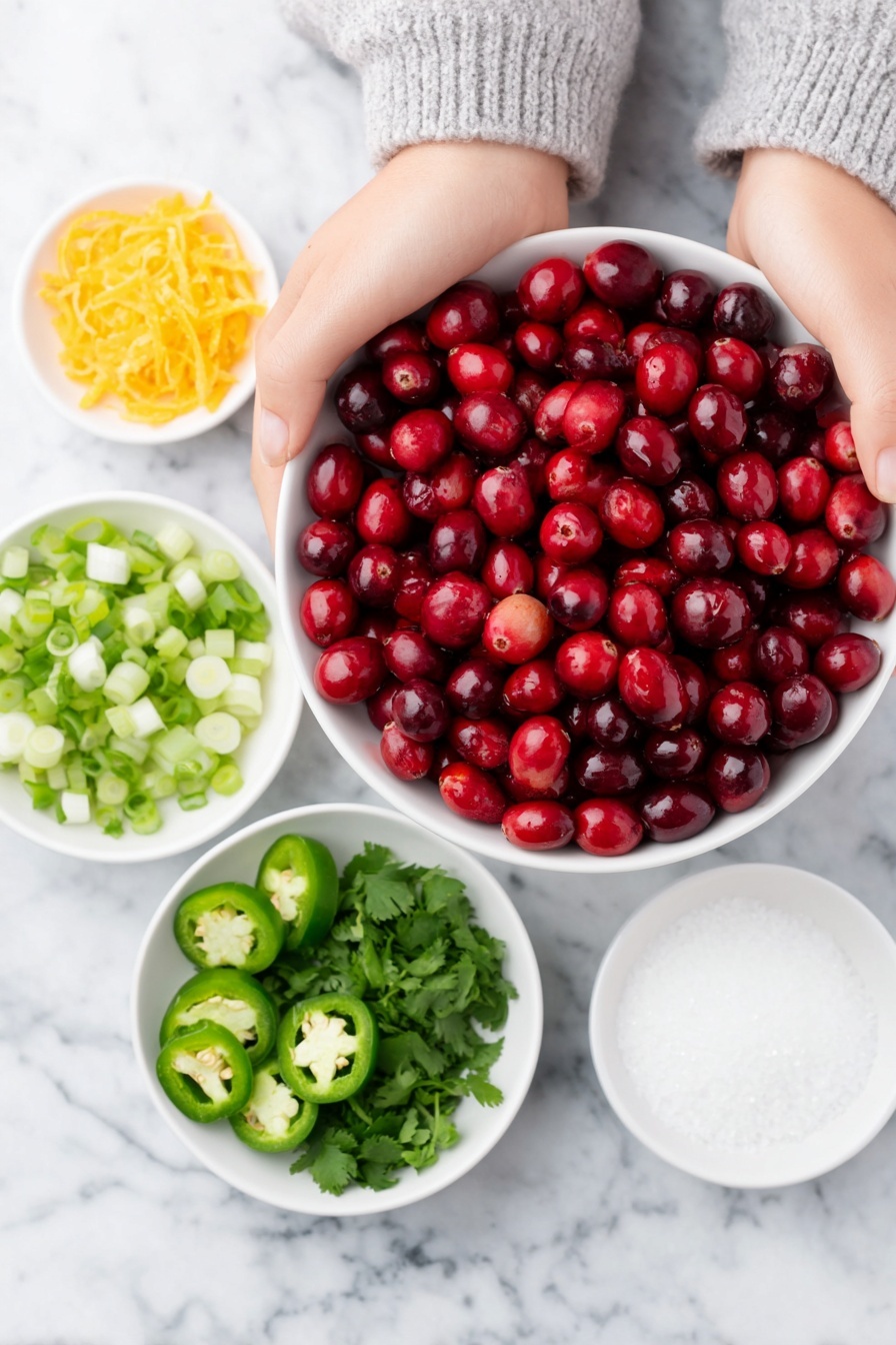 Flat lay of fresh whole cranberries, a small pile of bright orange zest strips, two halved green jalapeños with seeds removed, a neat bunch of sliced green onions, a small bundle of chopped fresh cilantro leaves, a small white bowl filled with lime juice, a small white bowl holding raw sugar, and a tiny white bowl containing salt, all arranged symmetrically around a simple white ceramic bowl, placed on a clean white marble surface, soft natural light, photo taken with an iPhone, professional food photography style, fresh ingredients, white ceramic bowls, no bottles, no duplicates, no utensils, no packaging --ar 2:3 --v 7 --p m7354615311229779997