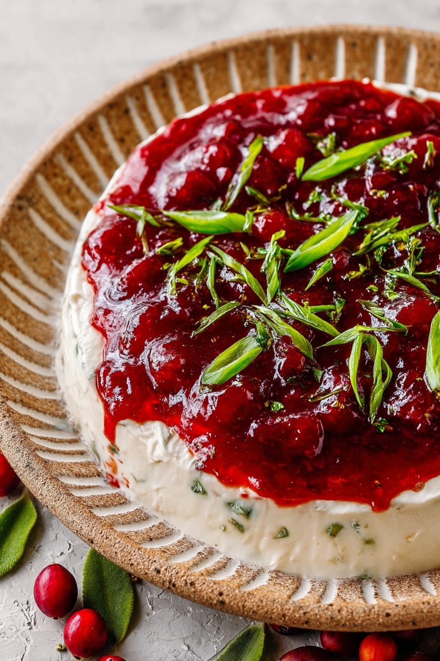 This image shows a close-up of a dish with two clear layers on a round white ceramic plate with a ridged edge. The bottom layer is creamy and white with small green bits mixed in, and it spreads evenly near the plate's edge. On top, there is a thick, glossy deep red sauce that covers most of the white layer, giving a textured look with some shine. Scattered on the red sauce are pieces of fresh green sliced scallions, adding bright color contrast. The plate sits on a white marbled surface with some bright red cranberries and green leaves placed around, enhancing the visual appeal. Photo taken with an iphone --ar 2:3 --v 7