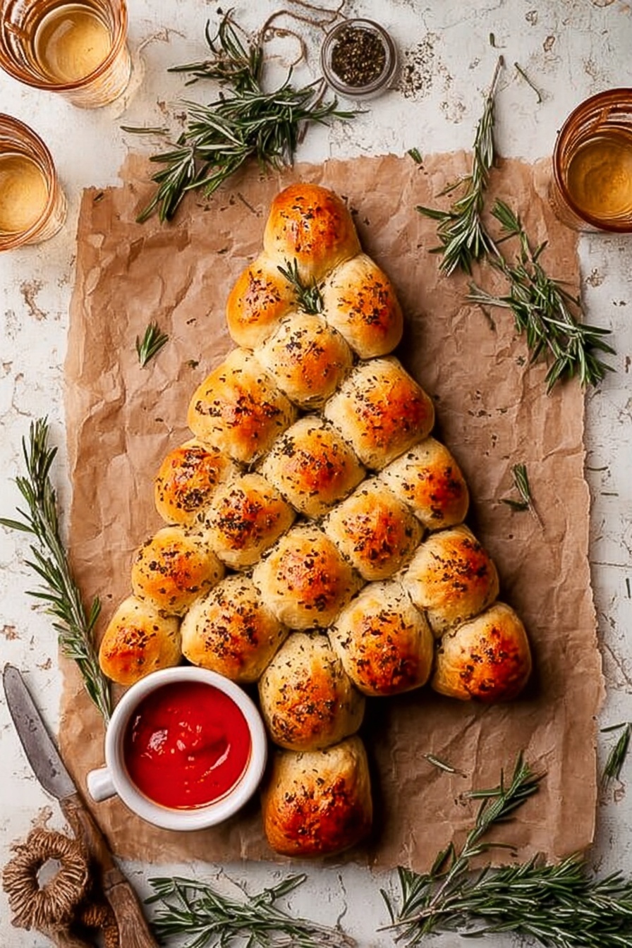 The dish is shaped like a Christmas tree made of small round bread rolls with a golden brown, slightly shiny crust, sprinkled with herbs and black pepper. The rolls are arranged in a triangular pattern with six layers: the top layer has 1 roll, the second has 2, the third has 3, the fourth has 5, the fifth has 6, and the bottom has 7 rolls, creating a full tree shape. The bread sits on crumpled brown parchment paper, placed on a white marbled surface scattered with fresh rosemary sprigs. To the bottom right of the bread tree, there is a small white cup filled with bright red sauce. Around the scene, there are three glasses with a light golden drink and various rustic kitchen items that add a cozy feel. Photo taken with an iphone --ar 2:3 --v 7