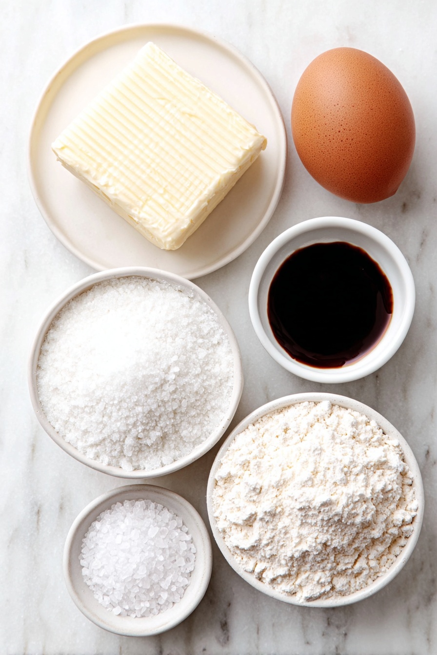 Flat lay of a small square of unsalted butter softened at room temperature, a heaping mound of granulated sugar on a simple white ceramic plate, one large whole brown egg with a clean shell, a small white bowl filled with clear vanilla extract, a simple white ceramic bowl holding a heap of all-purpose flour, another small white bowl containing aluminum-free baking powder, and a tiny white bowl with fine sea salt placed evenly around, arranged in perfect symmetry, all fresh and natural, placed on a clean white marble surface, soft natural light, photo taken with an iPhone, professional food photography style, fresh ingredients, white ceramic bowls, no bottles, no duplicates, no utensils, no packaging --ar 2:3 --v 7 --p m7354615311229779997