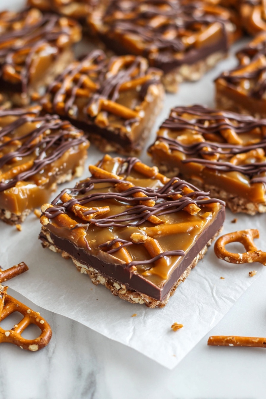 The image shows several square pieces of a layered snack on white parchment paper over a white marbled surface. Each piece has a bottom layer made of dark chocolate with a smooth texture, followed by a layer of small pretzel sticks that add a crunchy texture and a light brown color. On top, there is a thick layer of shiny caramel with a golden-brown color that covers the pretzels, making them look sticky. The final layer is a drizzle of dark chocolate in irregular lines over the caramel, adding a decorative touch. Some broken pretzel pieces and chocolate crumbs are scattered around the snack pieces. photo taken with an iphone --ar 2:3 --v 7