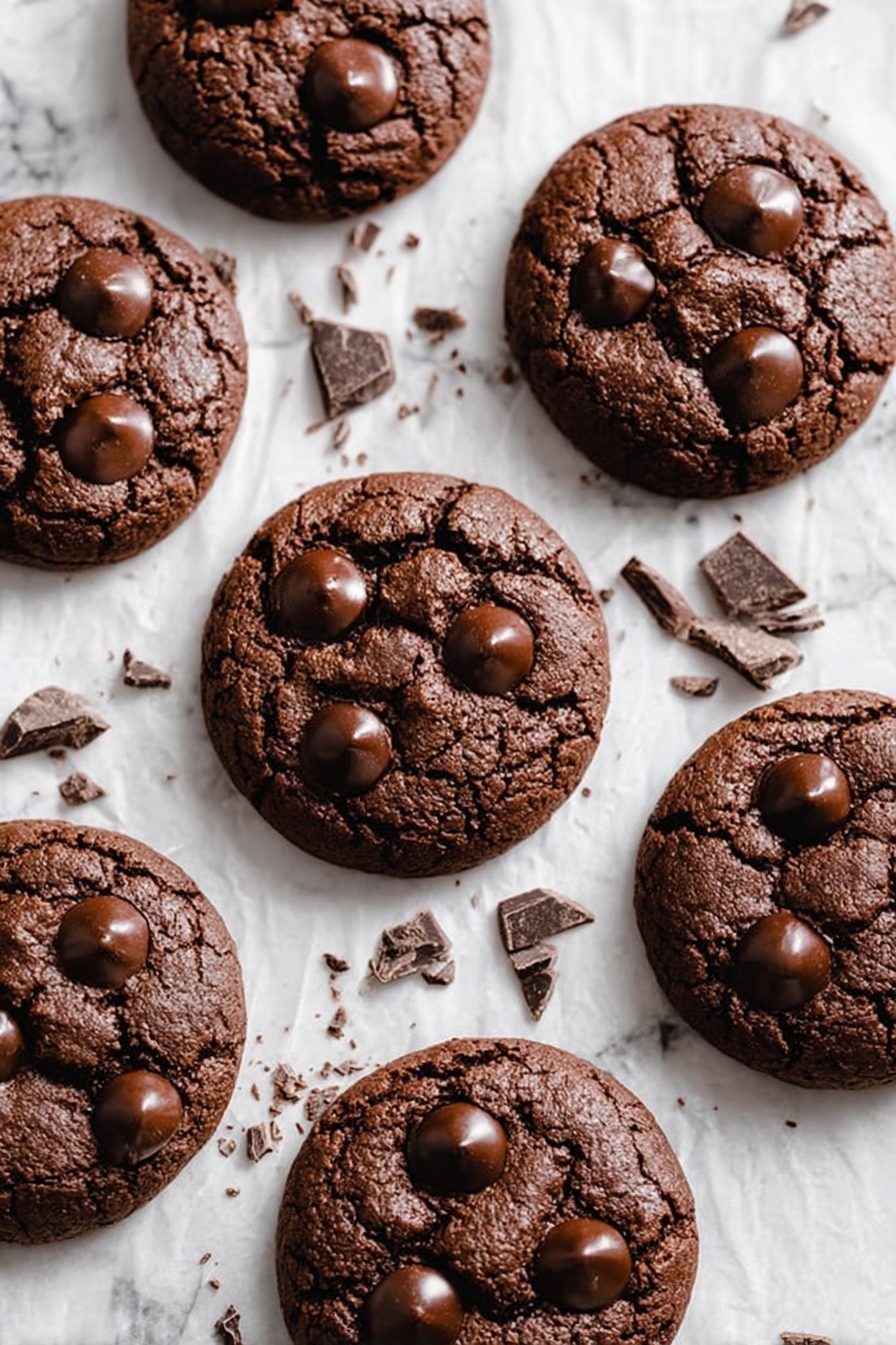 The image shows six round chocolate cookies placed on white marbled surface covered with white baking paper. Each cookie has a cracked, rough texture and is dark brown in color, with three to four dark chocolate drops on top that are glossy and smooth. Small pieces of broken chocolate are scattered around the cookies on the baking paper. The cookies are evenly spaced, creating a simple yet appealing layout. photo taken with an iphone --ar 2:3 --v 7