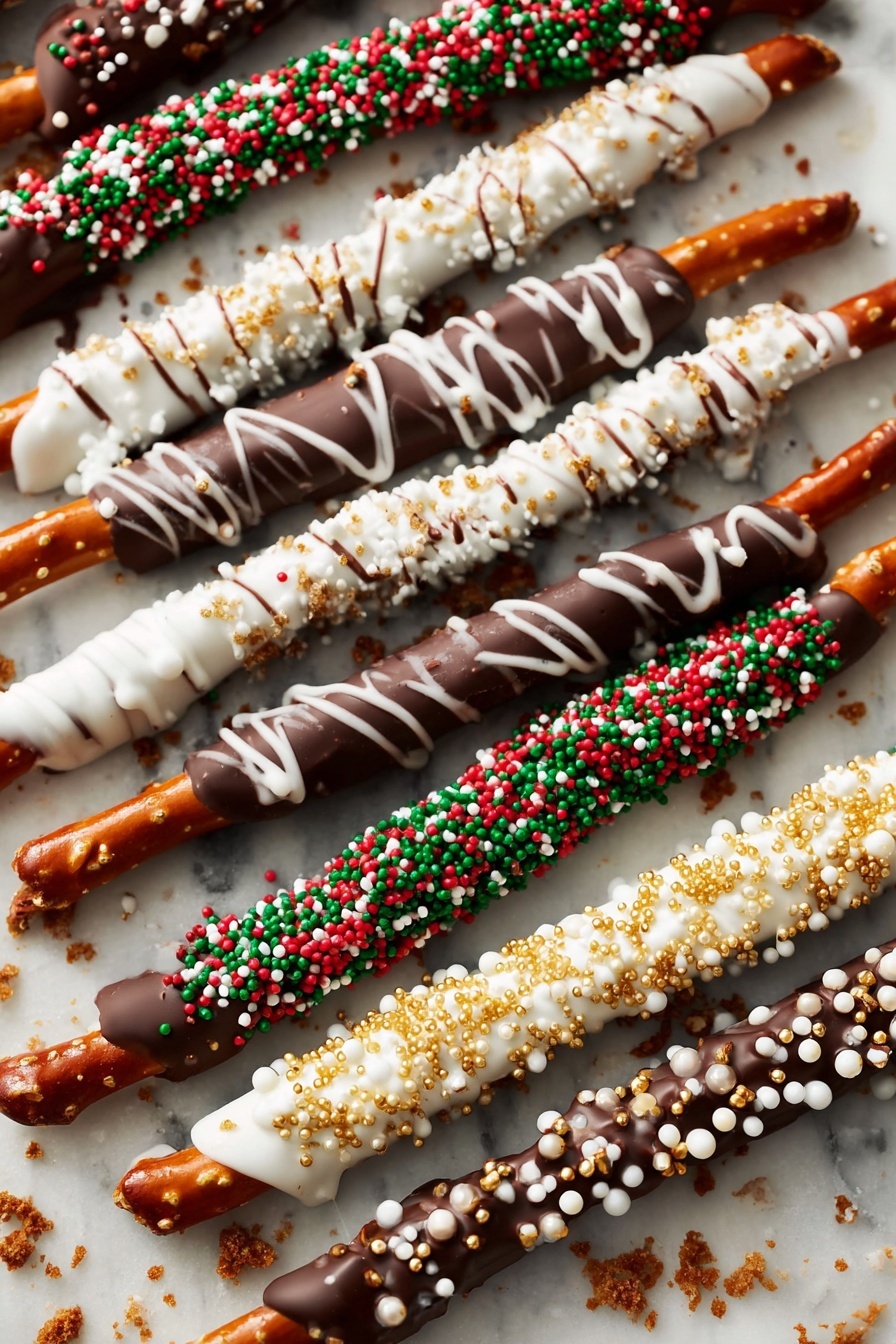 The image shows five long pretzel sticks lined up on a white marbled surface. Each pretzel stick is coated with a thick layer of chocolate starting about halfway down, leaving the top part uncovered, showing the natural brown color of the pretzel. The chocolate coatings vary: the first pretzel has dark chocolate with colorful round sprinkles in red, green, and white; the second has dark chocolate with white drizzled lines on top; the third is covered with white chocolate and red, green, and white round sprinkles; the fourth has dark chocolate with white chocolate drizzle and yellow sugar sprinkles; and the fifth is coated in dark chocolate with white drizzle and small sprinkles scattered around. The overall look is festive with bright holiday colors and textures. photo taken with an iphone --ar 2:3 --v 7