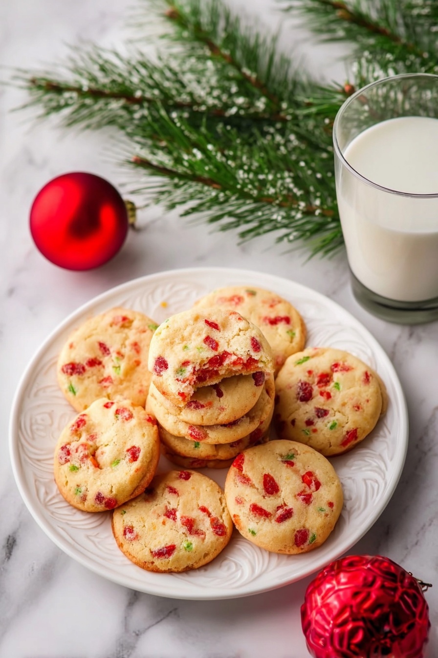 A white plate with a swirl pattern holds a pile of round cookies with a light golden-brown color and many red and green bits inside, giving a festive look. The cookies are arranged in two layers, some stacked and others visible on the bottom. Around the plate, there are green pine branches and shiny red Christmas baubles, one near the plate and one beside a glass of milk filled nearly to the top. The whole scene is set on a white marbled surface, creating a bright and holiday-themed setting. photo taken with an iphone --ar 2:3 --v 7