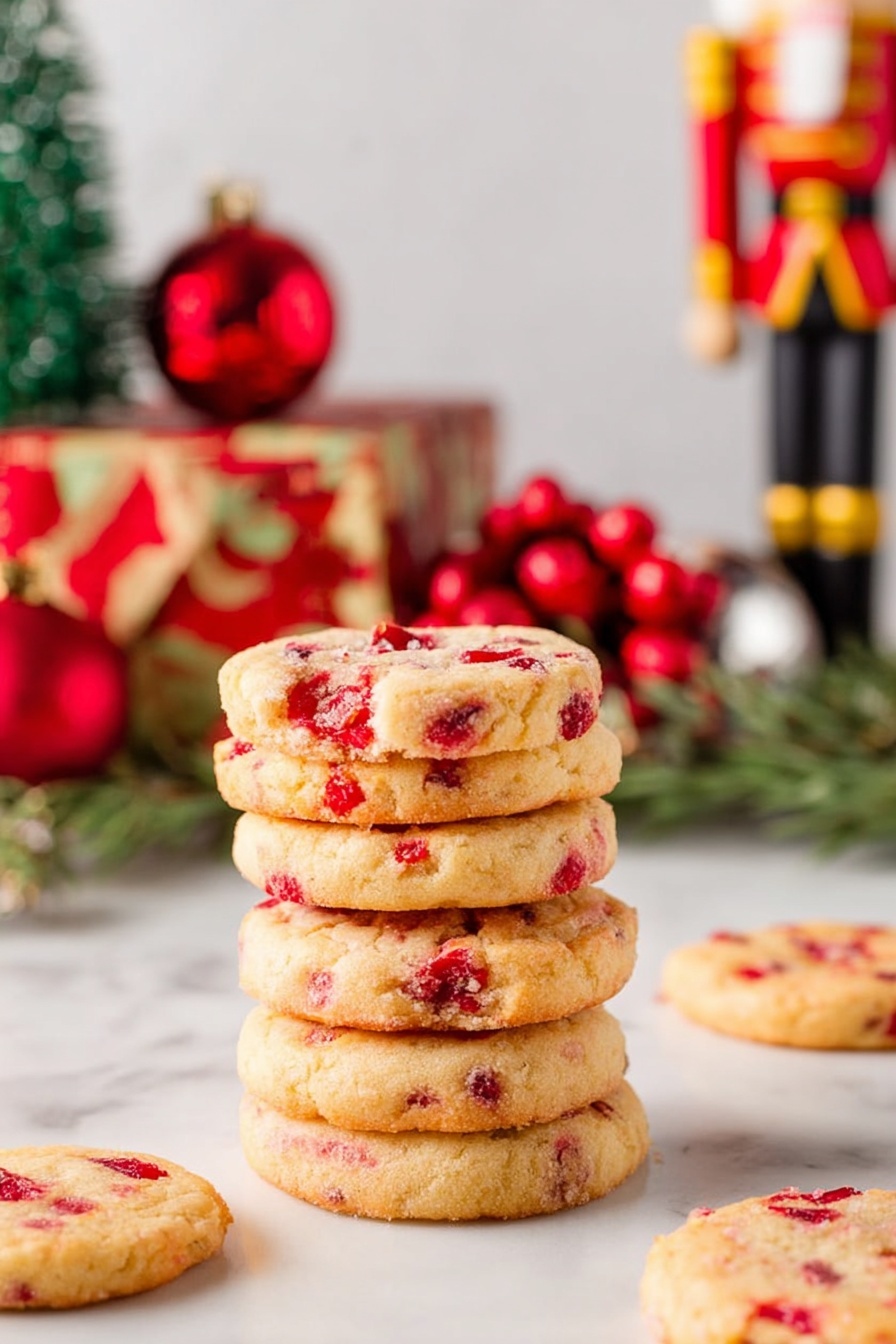 A stack of six thick round cookies with a light golden color sits on a white marbled surface, each cookie filled with bright red pieces that are unevenly spread throughout. The cookies have a slightly rough texture with small cracks visible on the surface. Around the stack, there are more cookies lying flat with the same color and red pieces. In the background, blurred festive decorations include a red and gold gift box, some greenery, a shiny red ornament, and a tall nutcracker figure dressed in red and black. Photo taken with an iphone --ar 2:3 --v 7