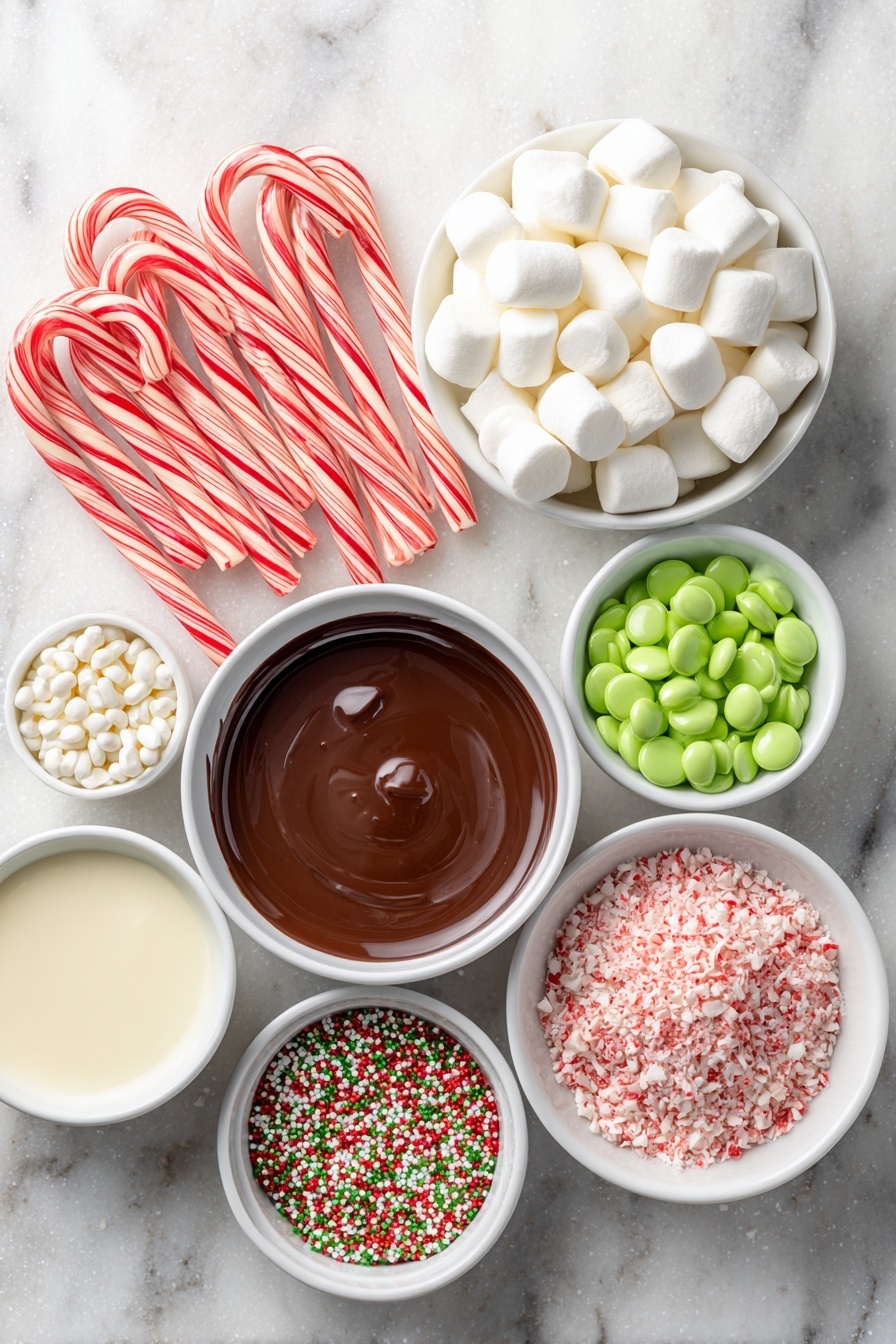 Flat lay of six glossy red-and-white striped candy canes arranged neatly beside eighteen large, fluffy white marshmallows, a small white ceramic bowl filled with smooth, melted dark chocolate, another white bowl holding creamy white melted chocolate, two small white bowls containing vibrant green and bright red candy melts, a petite white bowl with finely crushed candy cane pieces showcasing sparkling red and white fragments, and a small white bowl brimming with colorful holiday sprinkles in red, green, white, and gold shades, all placed on a clean white marble surface, soft natural light, photo taken with an iPhone, professional food photography style, fresh ingredients, white ceramic bowls, no bottles, no duplicates, no utensils, no packaging --ar 2:3 --v 7 --p m7354615311229779997
