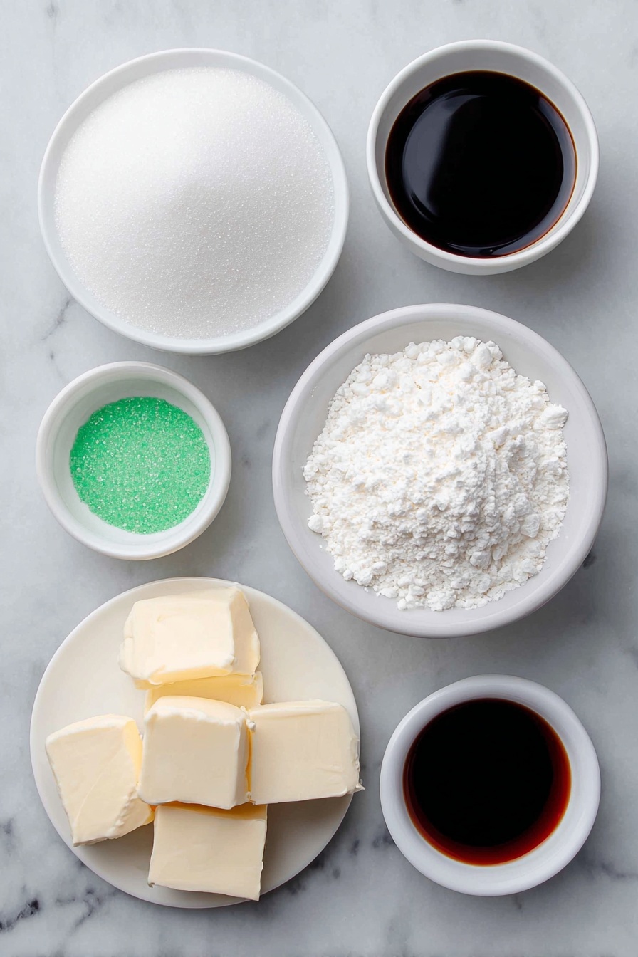 Flat lay of a small mound of granulated sugar, a smooth block of cream cheese, a few pats of unsalted butter, a small white bowl filled with clear light corn syrup, a tiny white bowl holding peppermint extract, a small heap of powdered sugar, a small white bowl with vivid green liquid food coloring, a small white bowl with bright red liquid food coloring placed on a clean white marble surface, soft natural light, photo taken with an iPhone, professional food photography style, fresh ingredients, white ceramic bowls, no bottles, no duplicates, no utensils, no packaging --ar 2:3 --v 7 --p m7354615311229779997