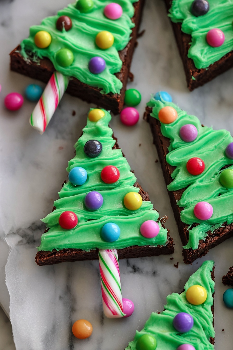 A woman's hand is holding a triangular brownie piece shaped like a Christmas tree, with a pink and white striped candy stick at the bottom as the trunk. The brownie has two layers: the dark brown, textured base and a thick swirl of smooth, bright green frosting on top, decorated with small, shiny, round candy balls in colors like pink, orange, purple, blue, and yellow. In the background, more brownies with the same decoration are placed on a white marbled surface, along with blurred gingerbread men and soft warm lights in the background. Photo taken with an iphone --ar 2:3 --v 7