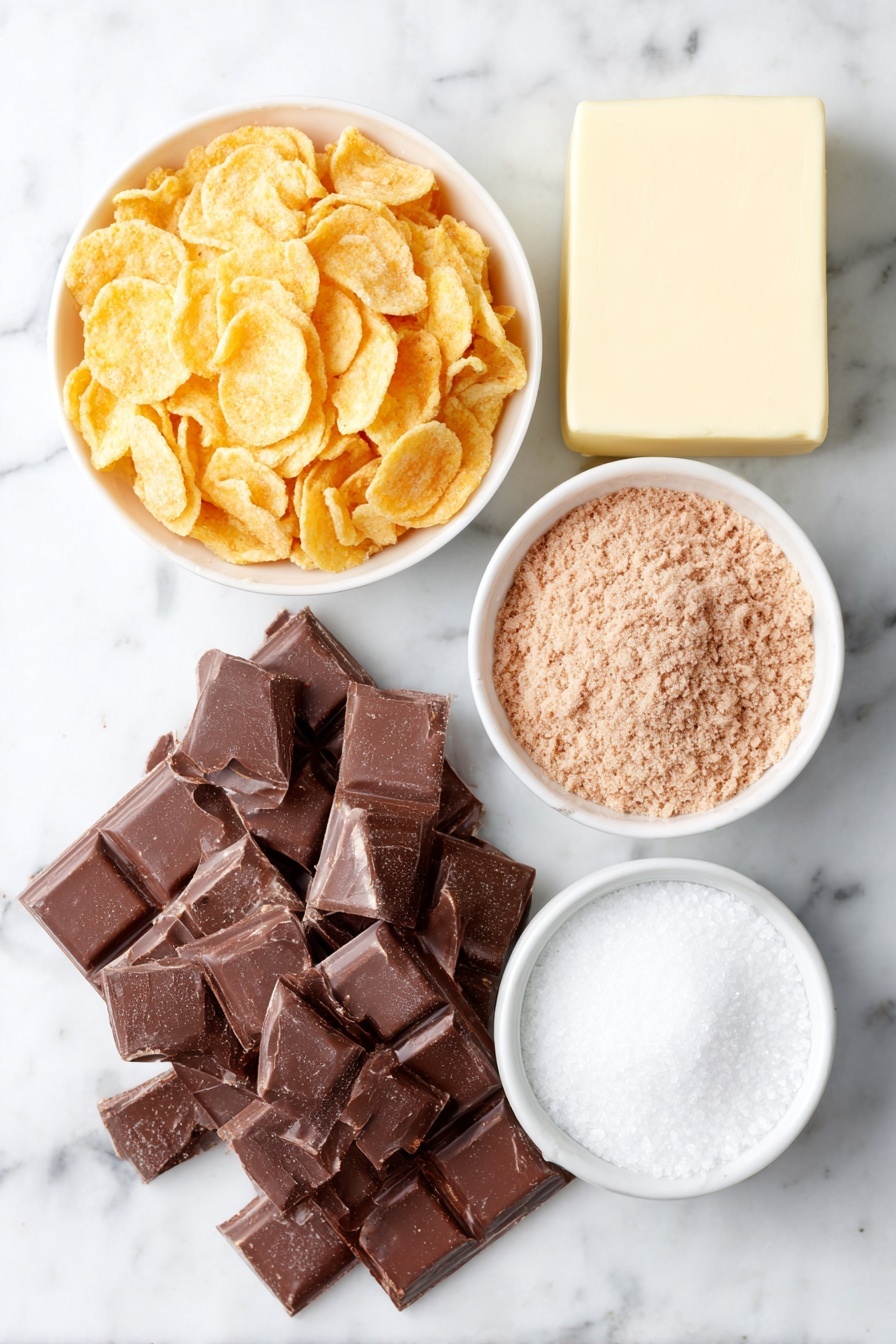 Flat lay of a small heap of golden cornflake cereal, a stick of pale unsalted butter, a neat pile of packed light brown sugar, a small white ceramic bowl with clear vanilla extract, a tiny white bowl with coarse white salt crystals, and a mound of chopped glossy semisweet chocolate pieces, all arranged symmetrically and balanced, placed on a clean white marble surface, soft natural light, photo taken with an iPhone, professional food photography style, fresh ingredients, white ceramic bowls, no bottles, no duplicates, no utensils, no packaging --ar 2:3 --v 7 --p m7354615311229779997