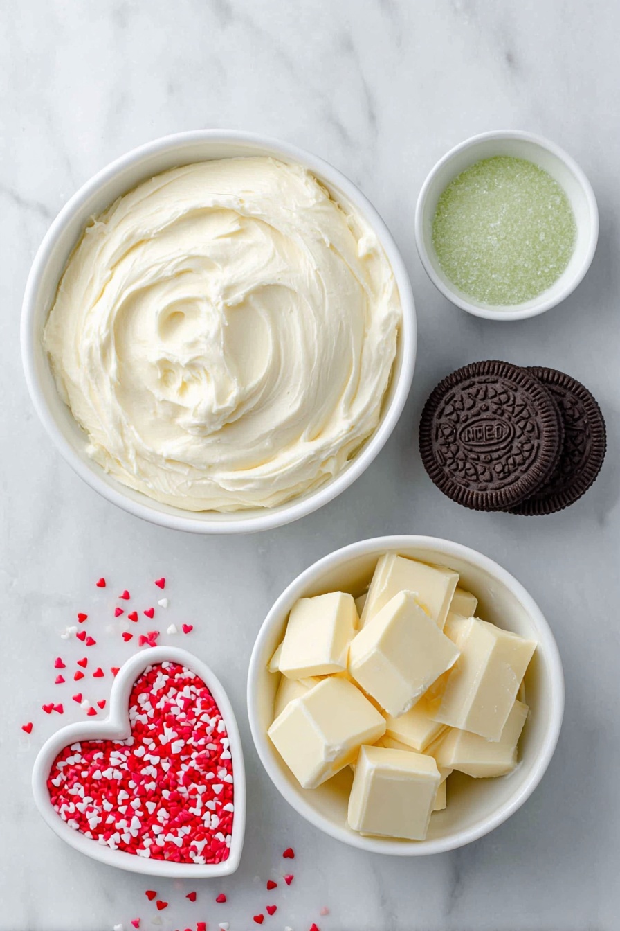 Flat lay of whole Oreo cookies, a small white ceramic bowl filled with smooth whipped cream cheese spread, a simple white ceramic bowl holding chunks of creamy vanilla almond bark, a tiny white bowl containing vibrant green gel food coloring, and a scattering of bright red heart-shaped sprinkles artfully arranged, all placed on a clean white marble surface, soft natural light, photo taken with an iPhone, professional food photography style, fresh ingredients, white ceramic bowls, no bottles, no duplicates, no utensils, no packaging --ar 2:3 --v 7 --p m7354615311229779997