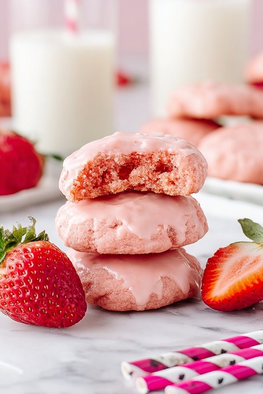 A stack of three round pink cookies with a rough and cracked texture sits in the center, each cookie thick and slightly uneven. The top two cookies are covered with a shiny, light pink glaze that drips down the sides in smooth drips. The cookies rest on a white parchment paper on a white marbled surface. A red strawberry slice is placed on the left side, and blurred glass of milk and a white bowl with strawberries are visible softly in the background. photo taken with an iphone --ar 2:3 --v 7