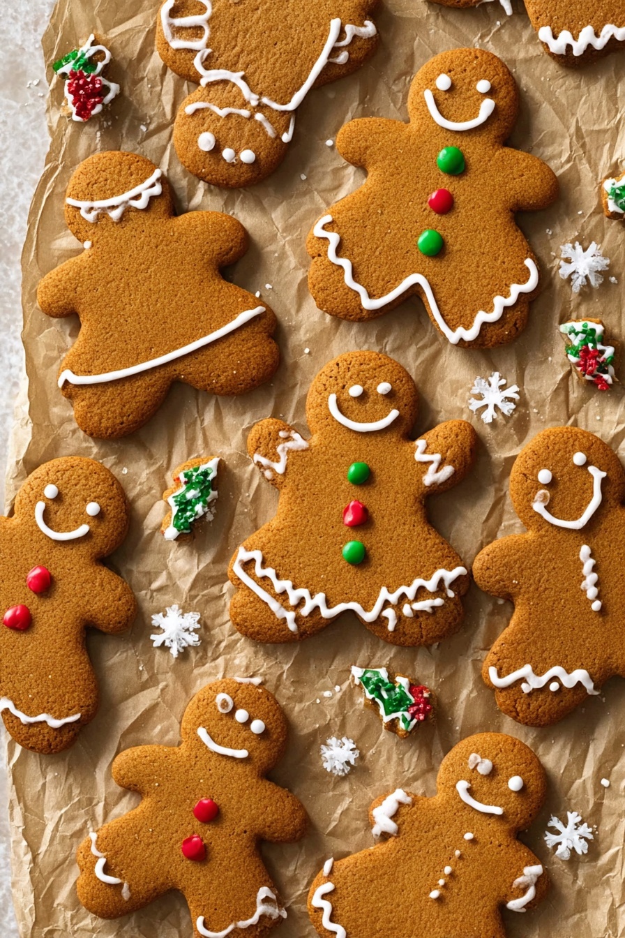 A close-up image shows a pile of gingerbread cookies on a white marbled surface, each cookie shaped like a person with light brown color and decorated with white icing. One cookie is on the top with a bite taken out, revealing a soft, crumbly interior. The icing forms simple faces with eyes and smiles, as well as zigzag lines on arms and legs, while one cookie has sugar crystals decorating its icing details. The cookies have a textured surface with small cracks and uneven edges. photo taken with an iphone --ar 2:3 --v 7