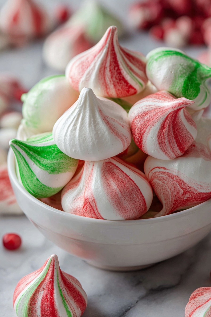 The image shows a white bowl full of meringue cookies, each shaped like a small peak with swirling red and green colors on a white base. Some meringues have red streaks blending smoothly into the white, while others have green streaks doing the same, creating a festive mix of colors. The meringues have a smooth yet slightly textured surface, with a slight shine under the light. The bowl is placed on a surface with a white marbled texture, with some red and white peppermint candies scattered around it in soft focus. photo taken with an iphone --ar 2:3 --v 7