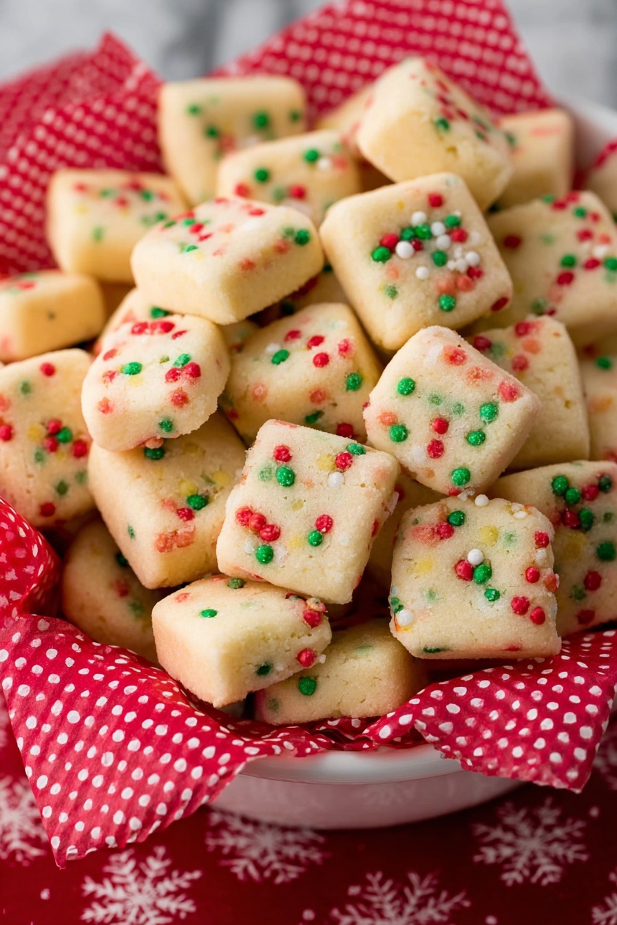 A close-up view of many small square cookies piled together in a white bowl lined with red and white polka dot paper. Each cookie is light beige in color with tiny round sprinkles of red, green, and white on top, giving a festive feel. The cookies look soft with a smooth texture and some show a slightly yellow center. The background has a white marbled surface and a red cloth with white snowflake patterns can be seen beneath the bowl. photo taken with an iphone --ar 2:3 --v 7