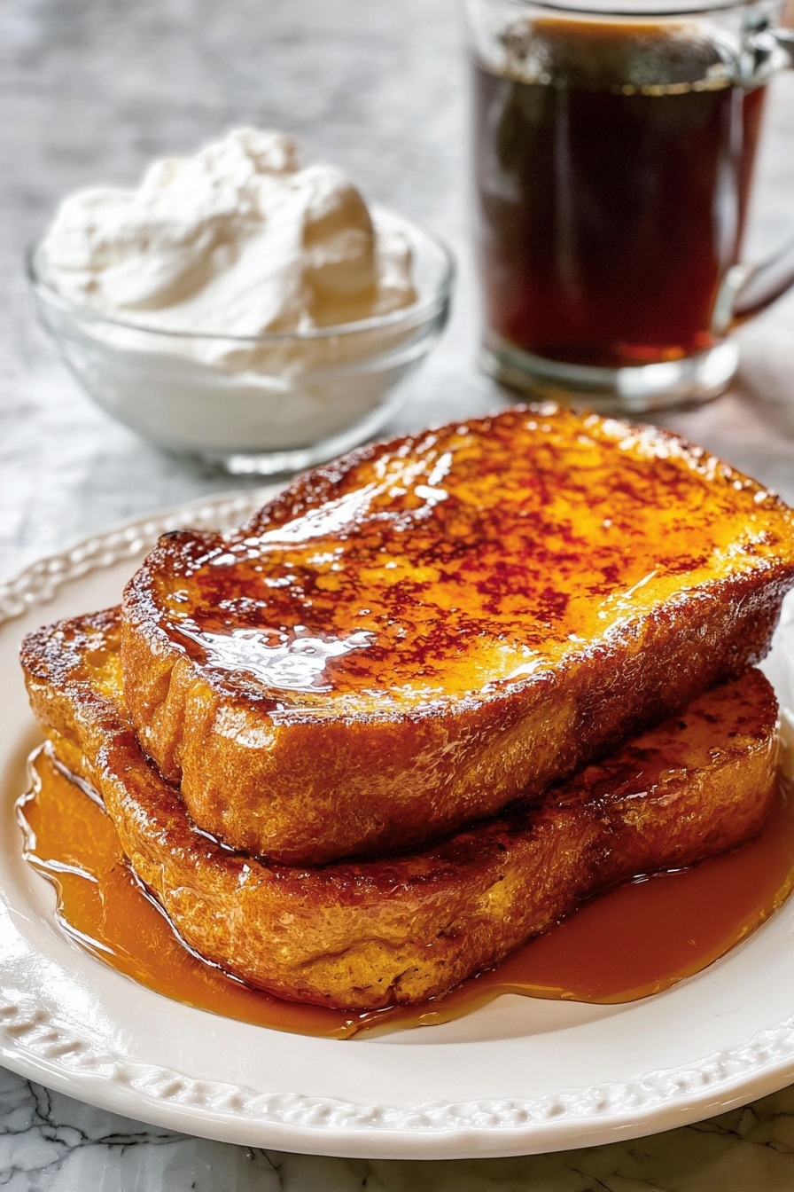 Two thick slices of golden-brown French toast are stacked on a white plate with a decorative edge. The toast is shiny with amber syrup dripping over the sides and pooling on the plate. The top slice shows a crispy texture with some darker browned spots. Behind the plate, there is a clear glass bowl filled with white whipped cream, and next to it, a clear glass mug holds dark brown coffee. The background is a white marbled surface. photo taken with an iphone --ar 2:3 --v 7