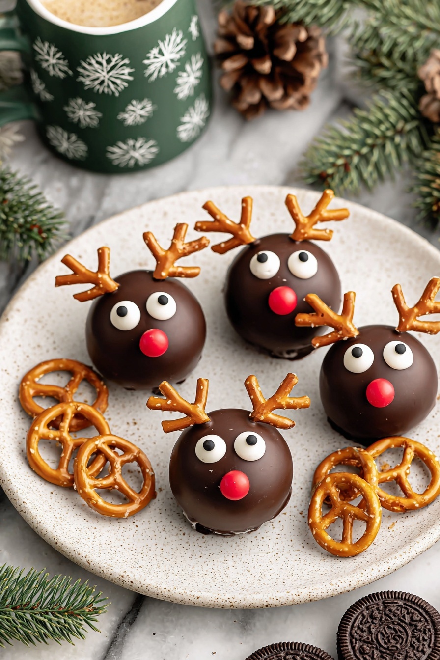 The image shows five round chocolate balls decorated as reindeer, each with two small pretzel twists as antlers on top, two white candy eyes with black pupils in the center, and a red candy nose placed in the middle front. The reindeer treats are arranged on a white plate with a speckled texture. Next to them, several plain pretzels and a single chocolate sandwich cookie lie on the plate near the bottom right. In the background, there is a green cup with white snowflake designs and pinecones and green pine branches scattered around, all set on a white marbled surface. A woman's hand is not visible in the image. photo taken with an iphone --ar 2:3 --v 7
