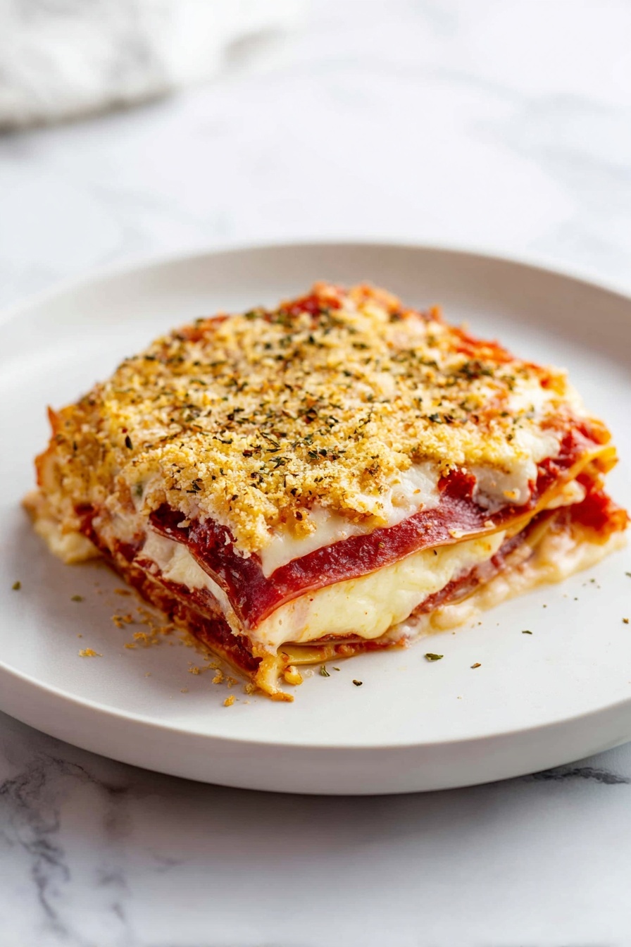 A square piece of layered baked pasta sits on a white plate on a white marbled surface. The dish has about five visible layers: the bottom layer is a thin, browned pasta, followed by a layer of thinly sliced red cured meat. Above that is a thick red tomato sauce layer next to melted white cheese that looks soft and stringy, topped by a golden, crispy breadcrumb and herb crust that covers the whole top fully. The colors show a mix of red, white, and golden brown textures, with herbs sprinkled on top. photo taken with an iphone --ar 2:3 --v 7