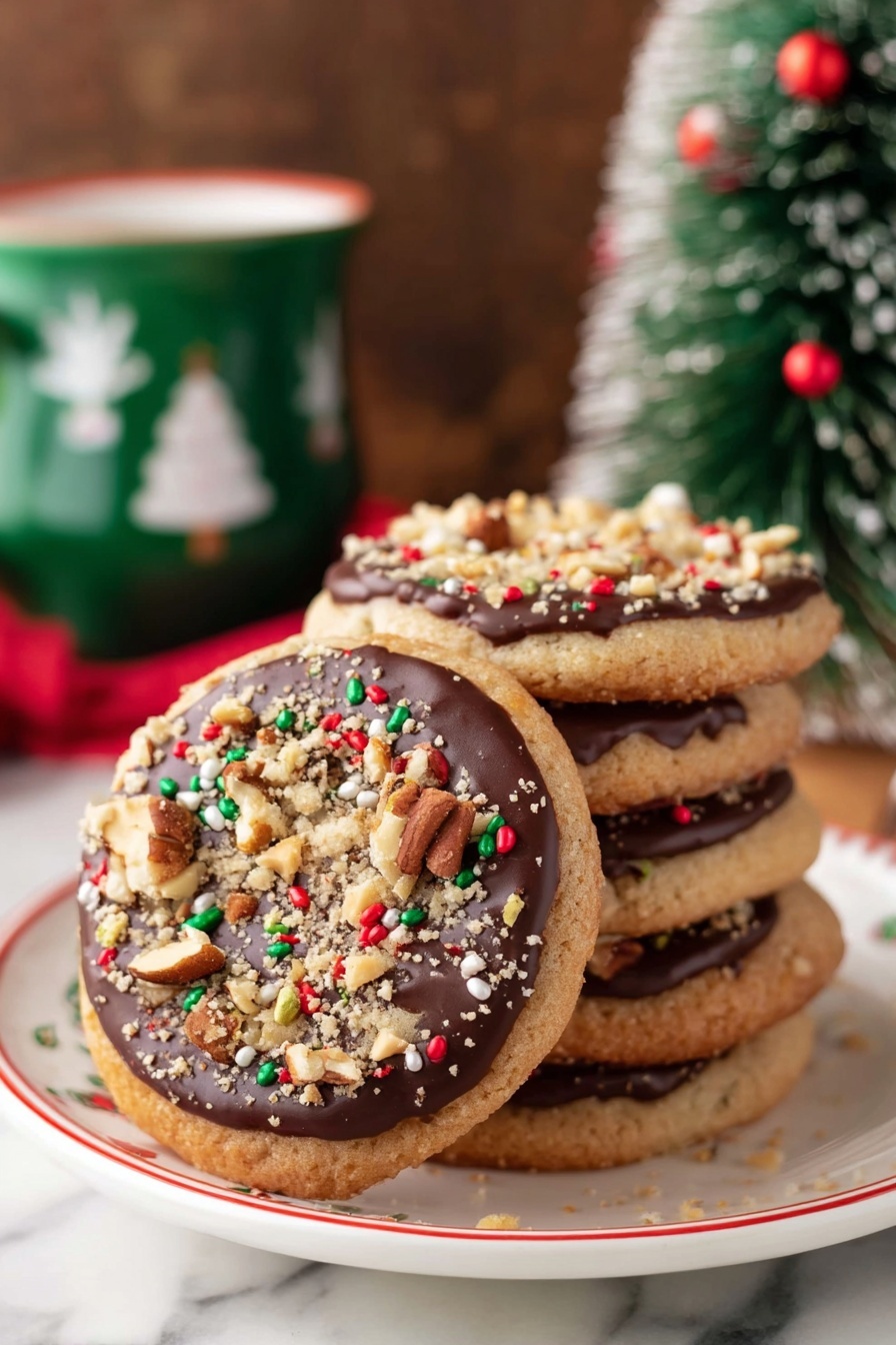 The image shows a stack of five round cookies on a white plate with a red rim. Each cookie has a light brown base with a smooth dark chocolate layer on top, sprinkled with small pieces of nuts and red, green, and white round and rod-shaped sprinkles. The focus is on the front cookie leaning against the stack, showing its texture clearly. In the background, there is a green cup with white winter designs on the left and a small green Christmas tree with red and white ornaments on the right, all set on a white marbled surface. Photo taken with an iphone --ar 2:3 --v 7