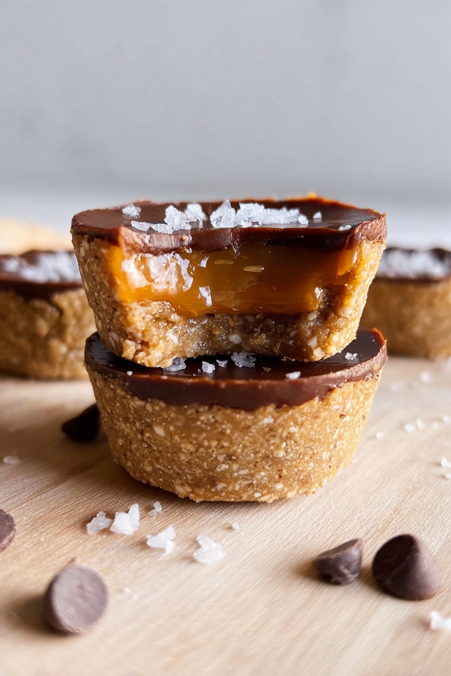 The image shows small round treats arranged on a white marbled surface, each with three visible layers: the bottom and sides are made of a light brown, grainy, nutty crust; the middle layer is a thick, smooth caramel filling visible in one piece that is broken open; the top layer is a shiny, dark chocolate coating with small specks of salt sprinkled on it. Some chocolate chips are scattered around the treats, and sunlight casts soft shadows over the scene. The treats are close together, showing their textures clearly. photo taken with an iphone --ar 2:3 --v 7