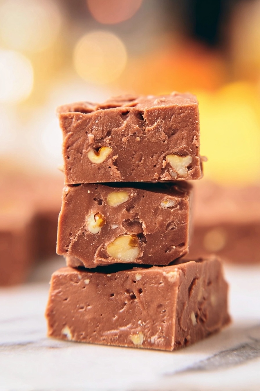 The image shows a stack of three square pieces of chocolate fudge with small bits of nuts visible throughout each piece. The fudge has a smooth, slightly rough texture with soft edges. The pieces are stacked one on top of another on a white marbled surface. The background is blurred with warm colors, giving a cozy feel. Photo taken with an iphone --ar 2:3 --v 7