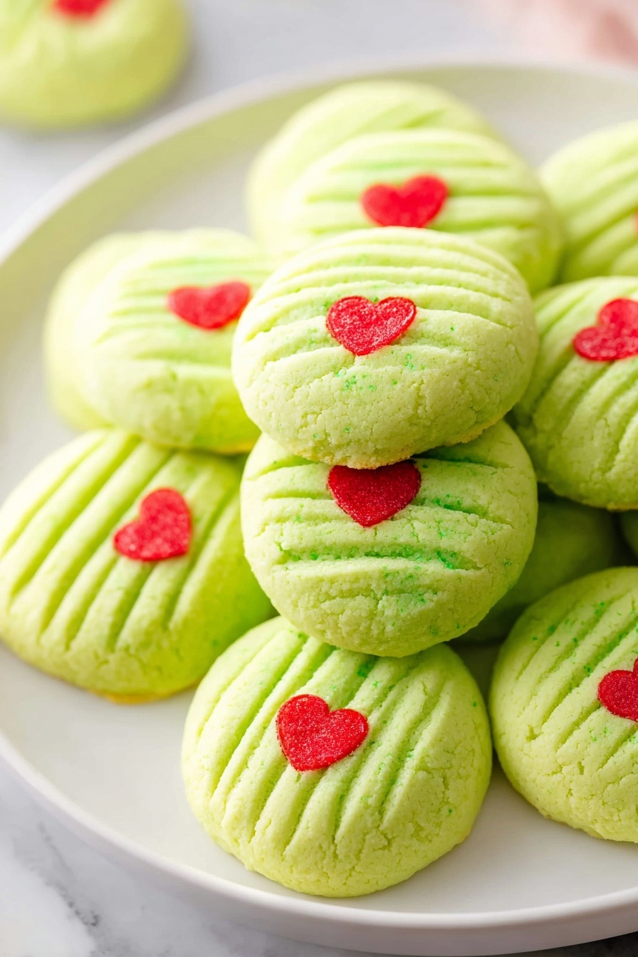 A white plate holds a pile of round green cookies that have three straight grooves pressed on top of each one. Each cookie is soft-looking with slight cracks and is topped with a small red heart decoration placed near the grooves. The green color of the cookies is bright and pastel-like, with some tiny darker green spots. The cookies are stacked neatly on a white marbled surface, and the soft light highlights their smooth texture. photo taken with an iphone --ar 2:3 --v 7