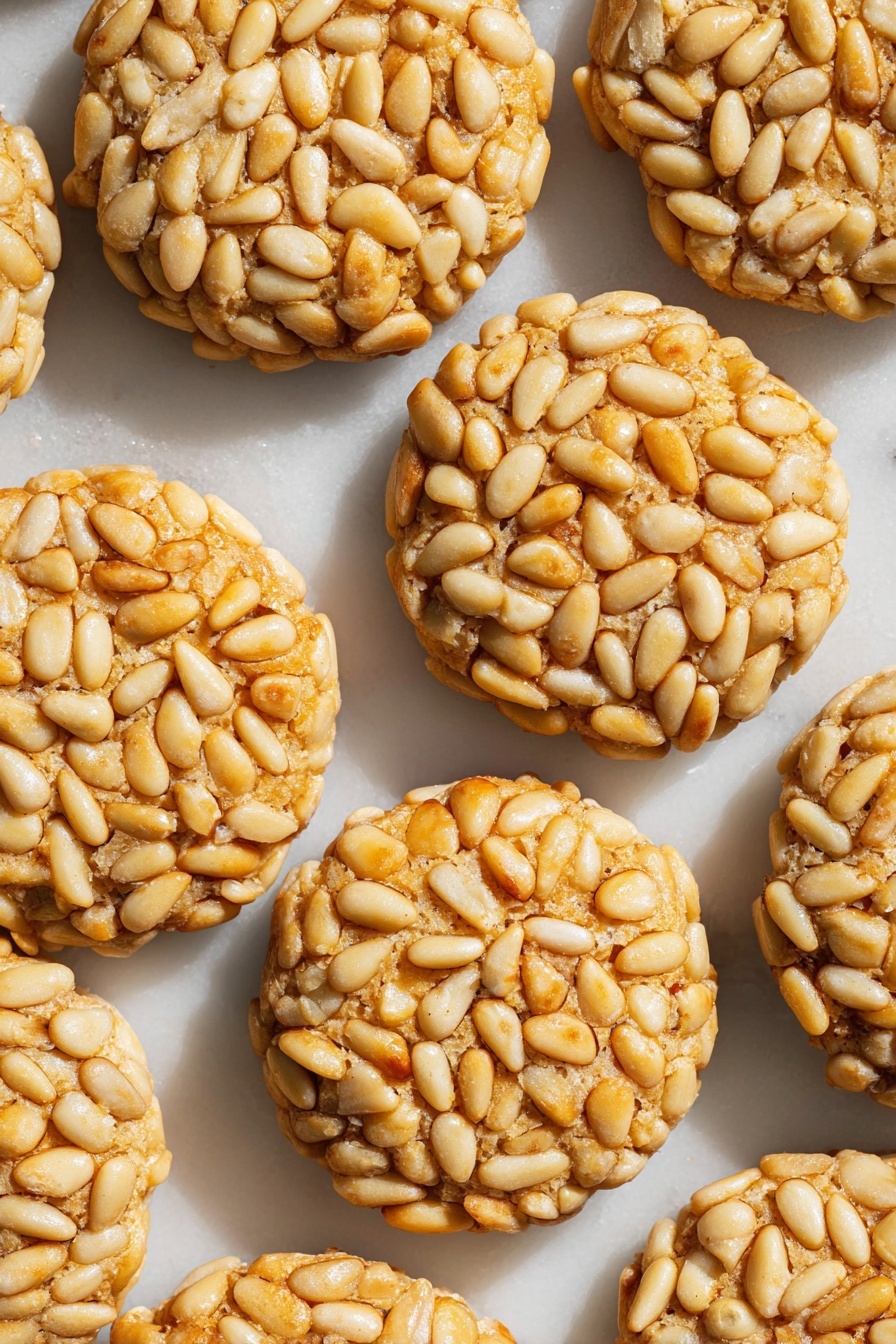 The image shows several round cookies covered fully with whole pine nuts, giving the cookies a textured look with a mix of light beige and golden-brown tones from the baking. The cookies have a slightly raised and soft appearance, and they are laid out closely together on a white marbled surface. The pine nuts are evenly spread and cover the entire top and sides of each cookie, creating a bumpy and crunchy outer layer. photo taken with an iphone --ar 2:3 --v 7