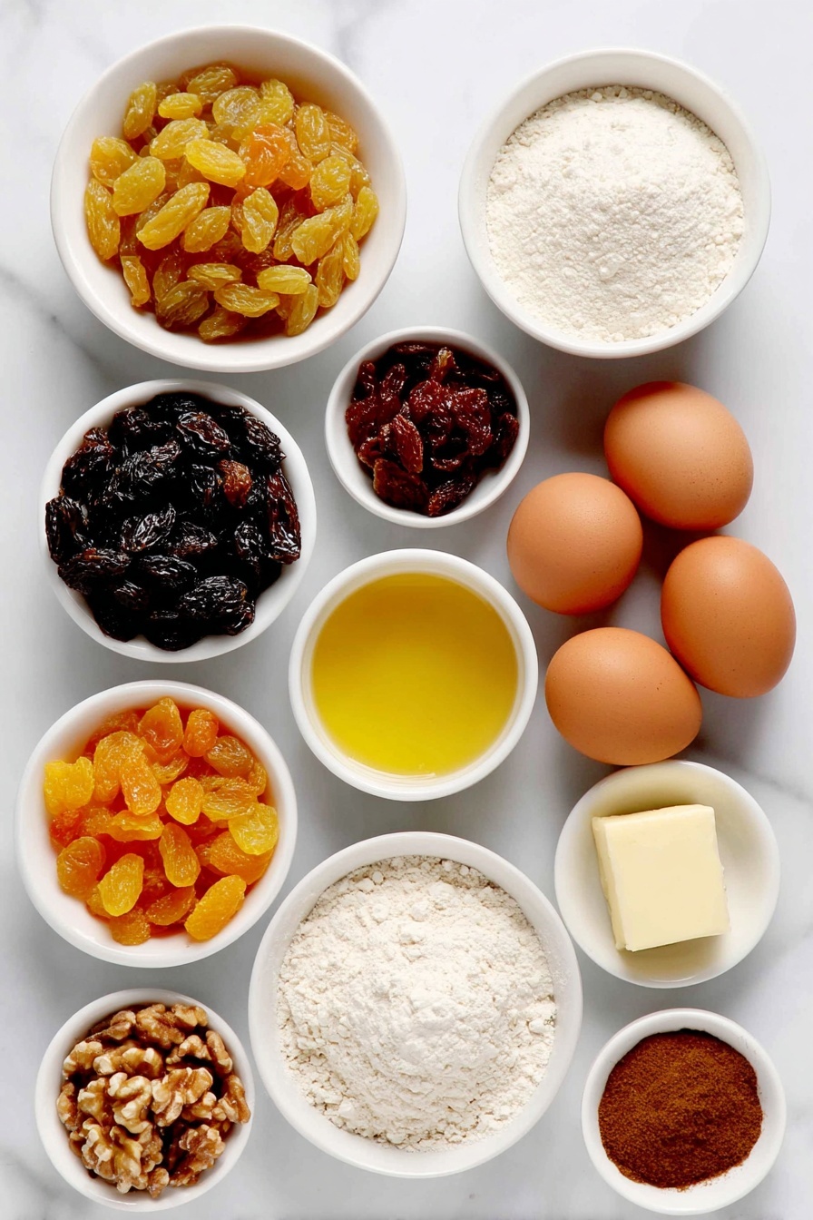 Flat lay of a small pile of glossy raisins, diced bright orange dried apricots, finely chopped sweet mixed peel in shades of orange and yellow, chopped vibrant red glace cherries, diced rich brown dates, a small white ceramic bowl of golden apple juice, a stick of soft pale yellow unsalted butter, a mound of dark brown packed sugar, a small white ceramic bowl of clear vegetable oil, a small white ceramic bowl of thick dark molasses, whole uncracked brown eggs with smooth shells, a small mound of light beige plain flour, a small pile of chopped walnuts with their rough textured shells removed, all arranged in perfect symmetry on a simple white ceramic plate and bowls, placed on a clean white marble surface, soft natural light, photo taken with an iPhone, professional food photography style, fresh ingredients, white ceramic bowls, no bottles, no duplicates, no utensils, no packaging --ar 2:3 --v 7 --p m7354615311229779997