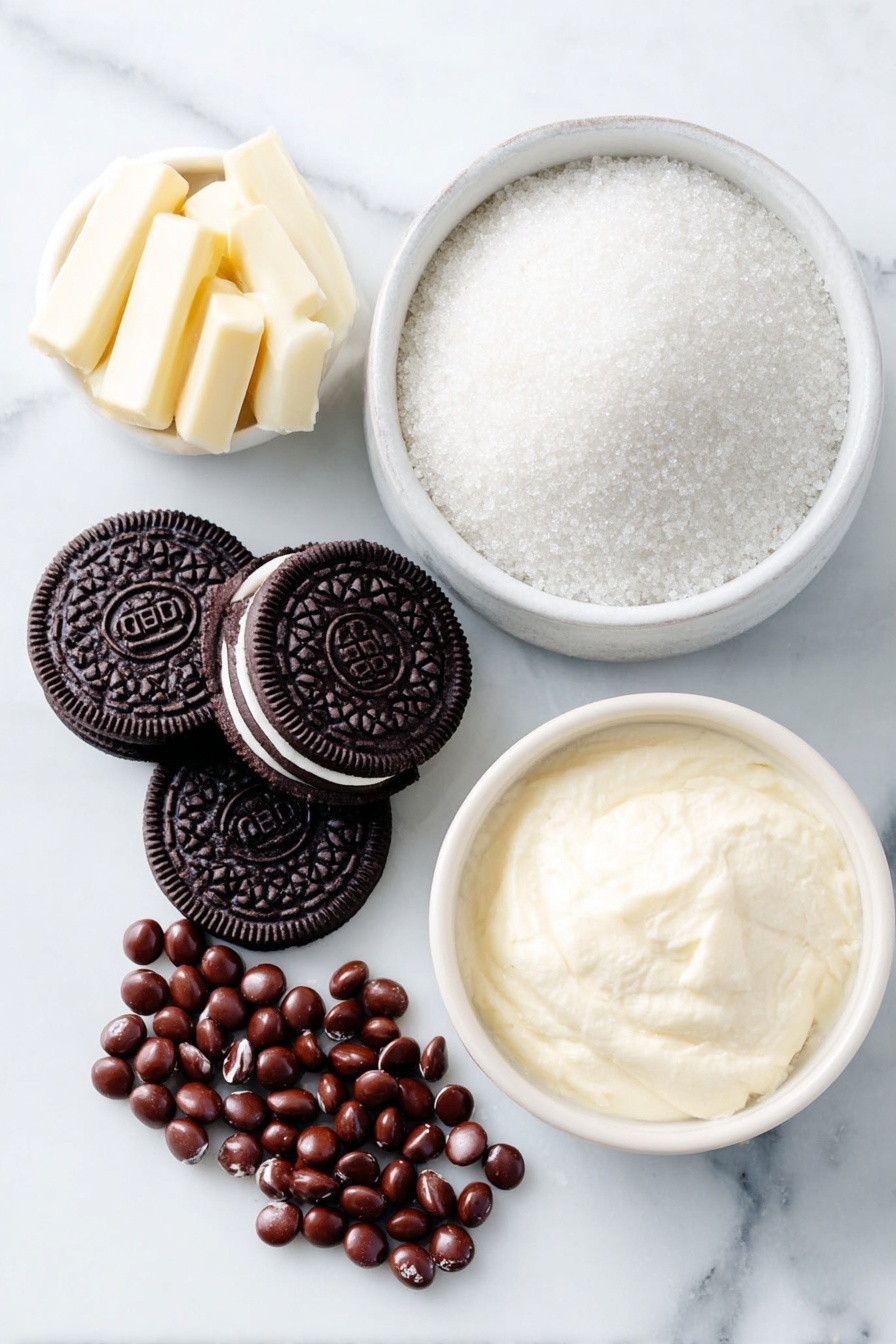 Flat lay of a small pile of whole Oreo cookies with dark chocolate sandwich and white cream center, a few small clusters of glossy dark green Junior Mints, around a handful of shiny mini brown M&Ms, a small white ceramic bowl filled with sparkling white sanding sugar crystals, and a simple white ceramic bowl holding a smooth mound of creamy white melting wafers white chocolate, all arranged with perfect symmetry and balanced proportions, placed on a clean white marble surface, soft natural light, photo taken with an iPhone, professional food photography style, fresh ingredients, white ceramic bowls, no bottles, no duplicates, no utensils, no packaging --ar 2:3 --v 7 --p m7354615311229779997