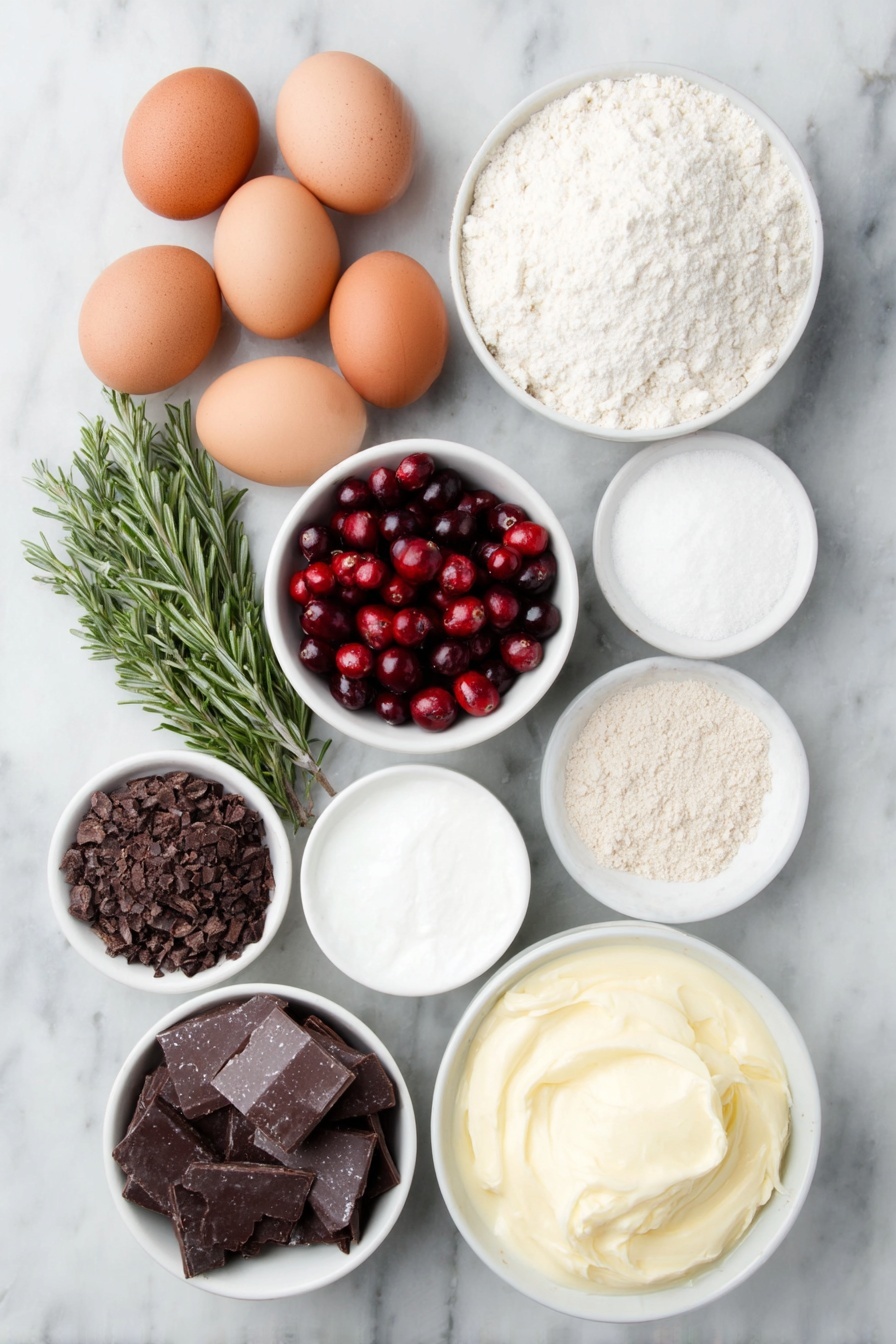 Flat lay of four large whole uncracked brown eggs, two small mounds of granulated sugar, one small mound of powdered sugar, a small bunch of fresh green rosemary sprigs, a handful of bright red fresh cranberries, a small heap of natural unsweetened cocoa powder, a small pile of all-purpose flour, a small pile of finely chopped dark chocolate, two small white ceramic bowls each filled with heavy cream, one small white ceramic bowl holding vanilla extract, two large fresh egg whites in a simple white ceramic bowl, a small white ceramic bowl with cream of tartar, a small white ceramic bowl with dark chocolate melting wafers, and a small white ceramic bowl with water—all ingredients fresh and natural, perfectly arranged with balanced proportions and symmetry, placed on a clean white marble surface, soft natural light, photo taken with an iPhone, professional food photography style, fresh ingredients, white ceramic bowls, no bottles, no duplicates, no utensils, no packaging --ar 2:3 --v 7 --p m7354615311229779997