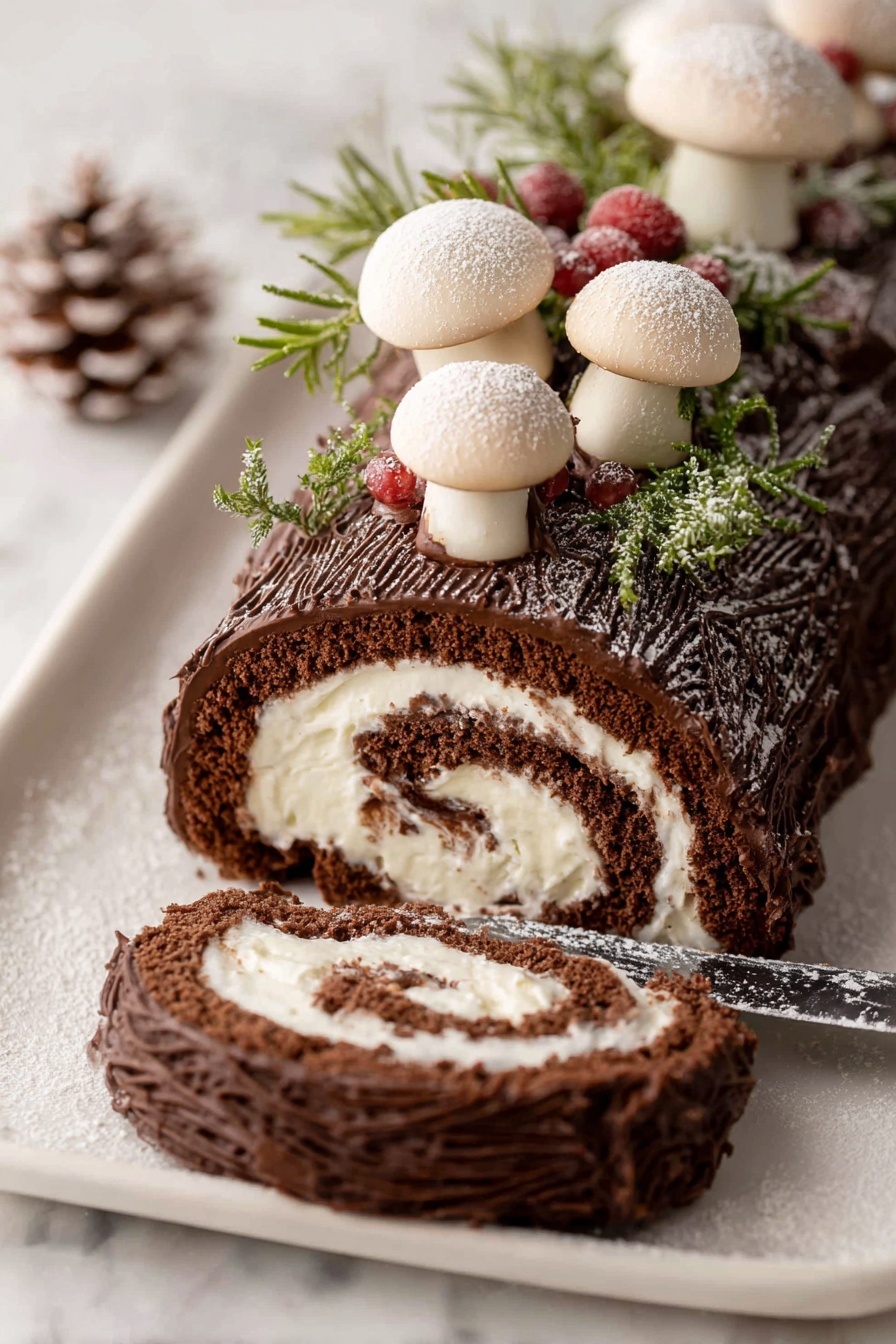 A chocolate roll cake with a thick swirl of white cream inside shows a rich dark brown moist cake layer rolled tightly around the creamy center. The outside is covered with textured chocolate frosting that looks like tree bark, with lines and patterns creating a rough surface. On top and around the roll are small white mushroom-shaped decorations with light brown dusting, and red berries covered in frost, along with green rosemary sprigs adding a fresh look. The cake sits on a white plate with a faint brown rim, placed on a white marbled surface. photo taken with an iphone --ar 2:3 --v 7