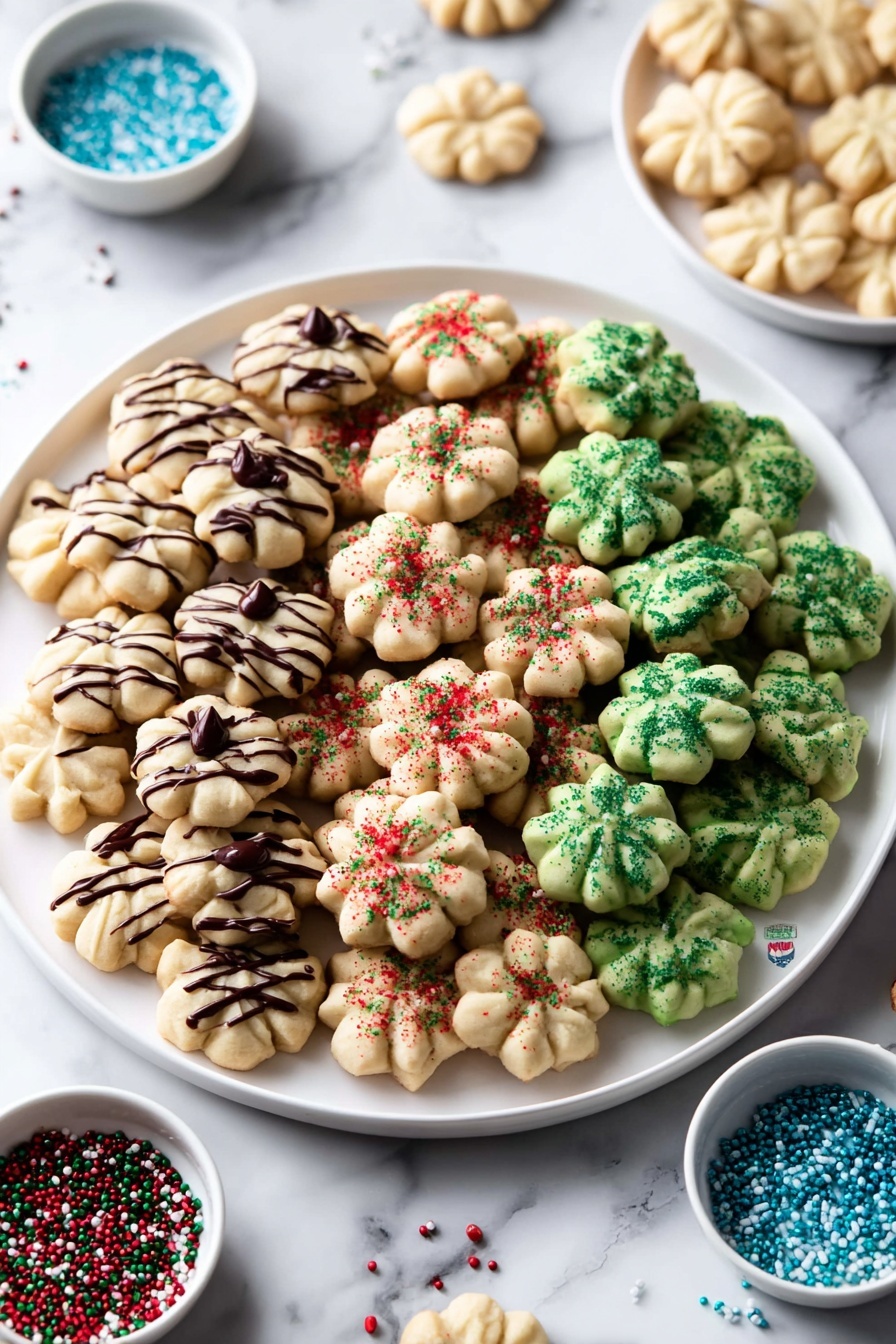 The image shows a close-up of many spritz cookies with different shapes and colors, spread closely on a white marbled surface. There are four main types of cookies: pale beige flower-shaped cookies with blue sugar crystals on top, beige cookies shaped like poinsettia flowers with red and green sugar crystals in the center, green ring-shaped cookies with red and green sprinkles, and beige flower-shaped cookies with thin dark chocolate lines and a round dark chocolate ball in the middle. Each cookie has a smooth texture with slight golden edges showing baking. The arrangement is dense and random, filling the whole frame. Photo taken with an iphone --ar 2:3 --v 7