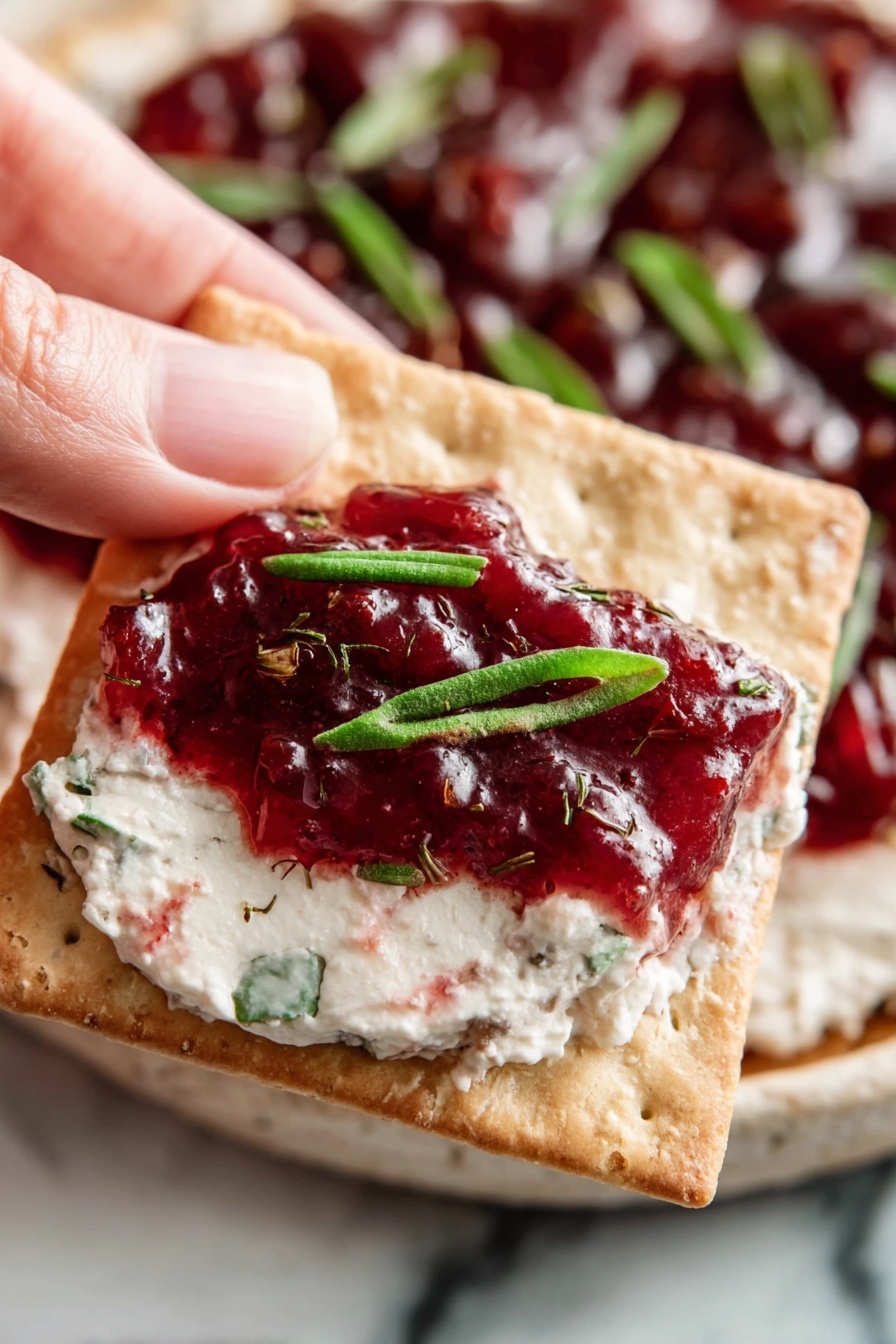 The dish is served in a round rustic brown plate placed on a wooden cutting board set on a white marbled surface. The bottom layer is a creamy white spread with visible soft texture around the edges, followed by an even layer of thick, dark red sauce with a shiny appearance, almost filling the circular plate. Bright green sliced scallions are scattered on the top, adding fresh contrast. To the right side of the plate, there is a pile of square beige crackers neatly stacked, ready for dipping. Photo taken with an iphone --ar 2:3 --v 7