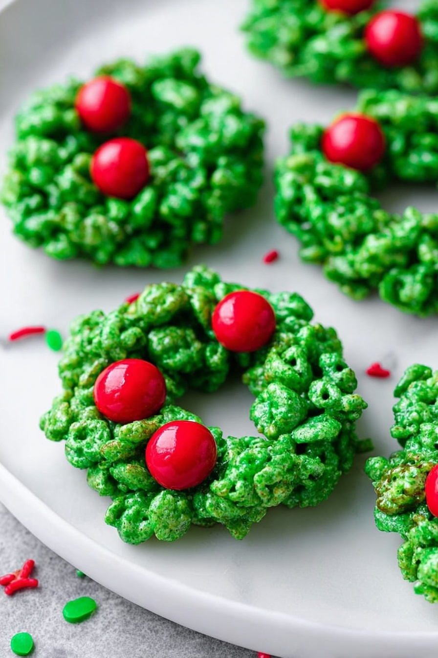 The image shows several small wreath-shaped treats made of bright green textured cereal clusters. Each wreath is circular and thick, with a shiny green coating giving them a glossy look. Three shiny red round candies are placed on top of each wreath, acting like berries. The wreaths are arranged on a smooth white plate with a white marbled surface underneath. There are a few extra red candies and green sprinkles scattered around the plate for decoration. photo taken with an iphone --ar 2:3 --v 7