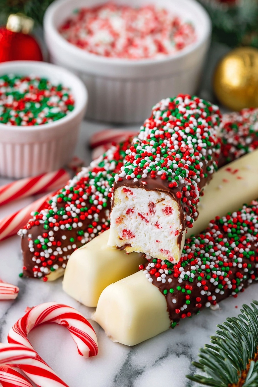 The image shows five candy canes lined up on a white plate, each covered with different layers and toppings. The first candy cane is dipped in smooth milk chocolate and sprinkled with small red, white, and green round sprinkles. The second is covered in dark chocolate with thick red and yellow drizzle stripes running diagonally across it. The third candy cane has a white coating decorated with red, green, and white tiny round sprinkles all over. The fourth is coated in milk chocolate and topped with crushed white peppermint bits. The fifth candy cane is dipped in white coating with thick red and yellow stripes drizzled around it like the second one, but on a white base. Around the plate, there are a few plain candy canes, a glass bowl filled with large white marshmallows, and small white dishes containing multicolored sprinkles and crushed peppermint bits. The entire setup is placed on a white marbled surface with a piece of green, red, and white plaid fabric and a decorated Christmas pine branch nearby photo taken with an iphone --ar 2:3 --v 7