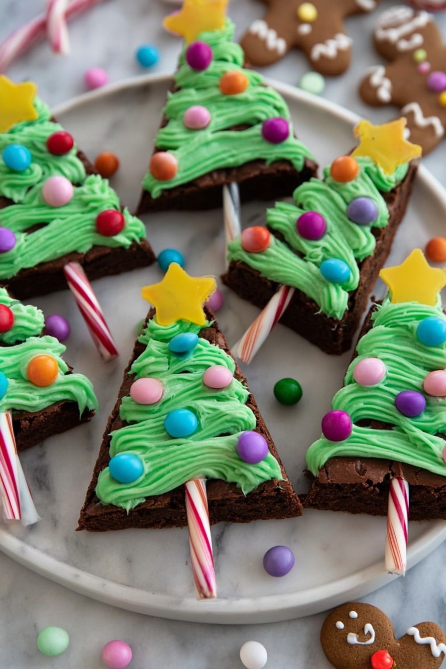 The image shows several triangular chocolate brownies arranged on a white marbled surface. Each brownie has one layer of dark brown cake topped with a thick layer of bright green frosting shaped like a zigzag Christmas tree. The frosting is decorated with small, round, colorful candy balls in shades of pink, purple, blue, red, yellow, green, and orange. Sticking out from the base of each brownie is a small candy cane with white, pink, and green stripes, acting as the tree trunk. Additional colorful candy balls are scattered around the brownies on the white marbled surface. Photo taken with an iphone --ar 2:3 --v 7