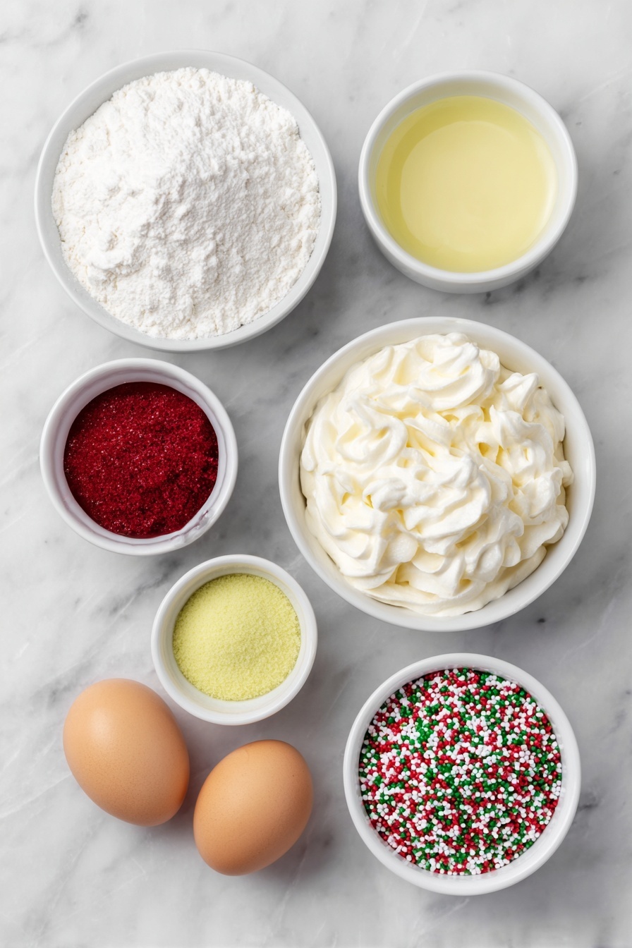Flat lay of a small white ceramic bowl of fine white cake mix powder, a small white ceramic bowl of vibrant red strawberry gelatin powder, a small white ceramic bowl of bright green lime gelatin powder, a small white ceramic bowl of smooth vanilla pudding mix powder, a small white ceramic bowl of fresh whole white milk, a small white ceramic bowl of fluffy thawed whipped topping, a neat pile of red and green round sprinkles, and two clear whole brown eggs with clean shells, all arranged symmetrically with balanced proportions, placed on a clean white marble surface, soft natural light, photo taken with an iPhone, professional food photography style, fresh ingredients, white ceramic bowls, no bottles, no duplicates, no utensils, no packaging --ar 2:3 --v 7 --p m7354615311229779997
