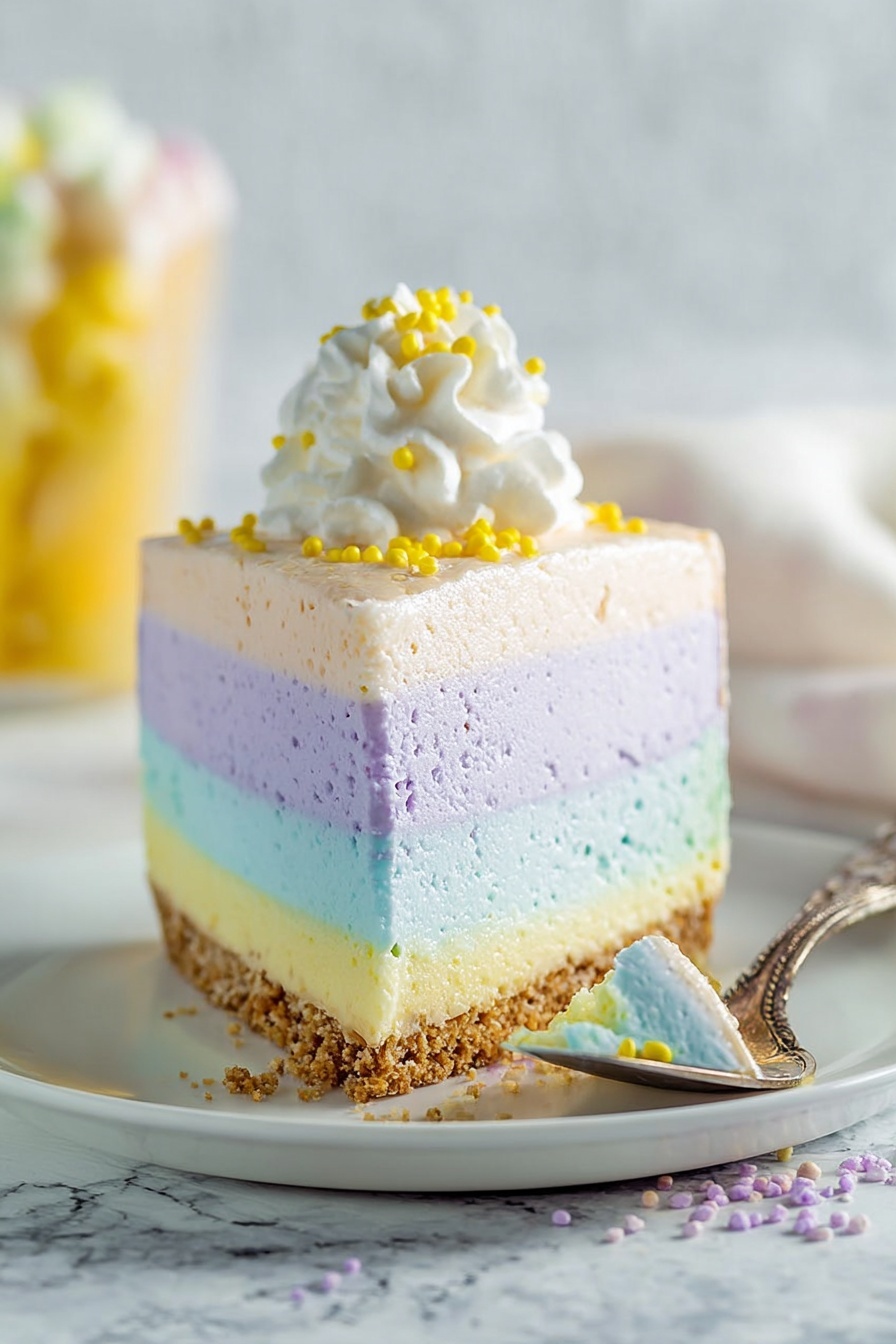 A slice of four-layer pastel mousse cake sits on a white plate against a white marbled background. The bottom layer is light yellow with a crumbly brown crust at the base. Above it is a smooth light blue layer, followed by a slightly speckled pale purple layer. The top layer is white with a fluffy dollop of whipped cream in the center, sprinkled with small yellow edible beads. A piece of cake is on a silver cake server next to the slice. There are pastel candy balls in soft yellow and blue scattered nearby. Photo taken with an iphone --ar 2:3 --v 7